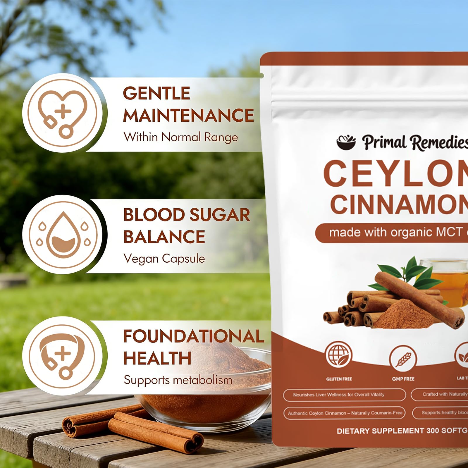 Close-up of Primal Remedies Ceylon Cinnamon Softgels showing softgel details