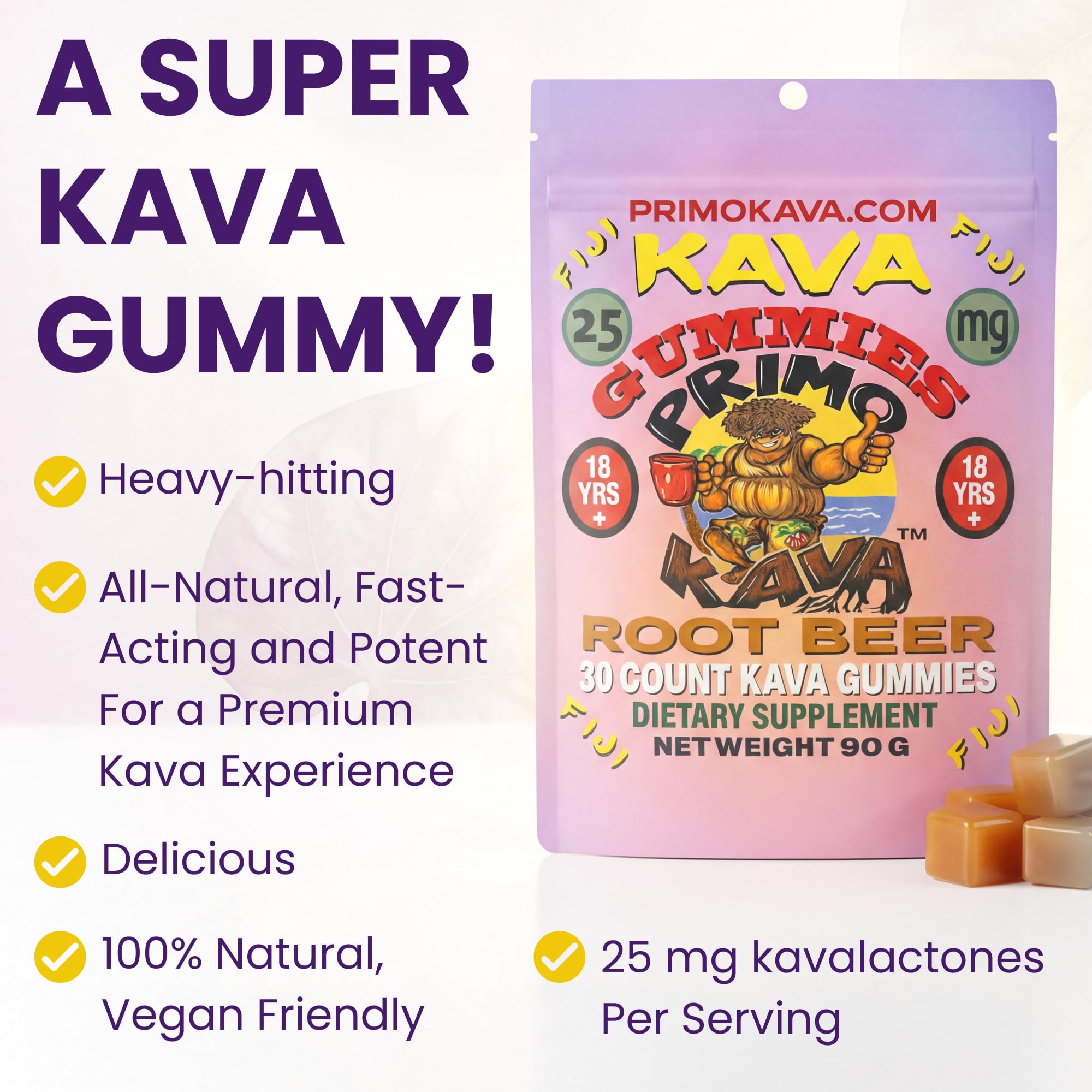 Close-up of PRIMO KAVA Kava Kava Gummies showing root beer flavour