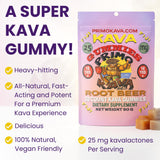 Close-up of PRIMO KAVA Kava Kava Gummies showing root beer flavour