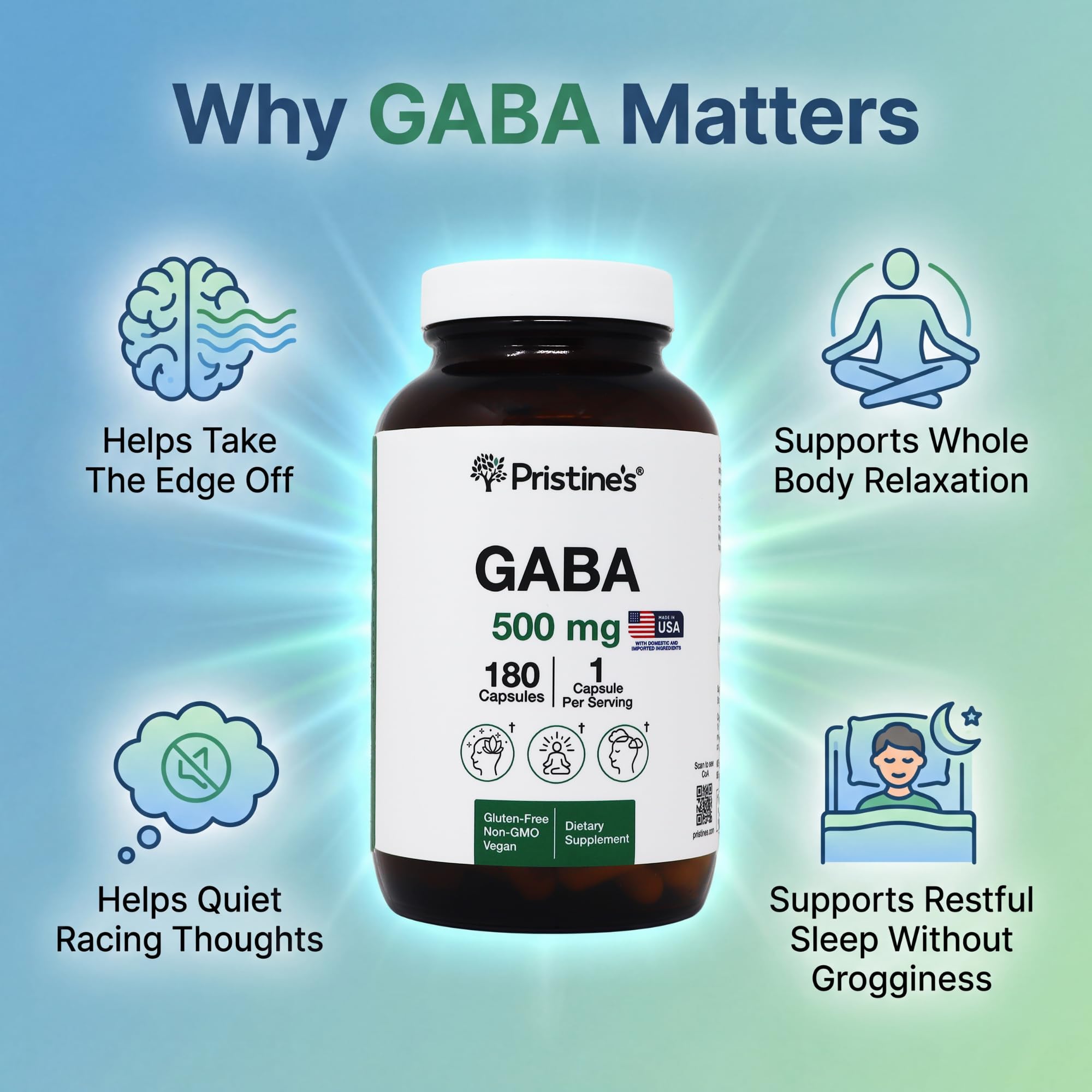 Close-up of PRISTINE'S GABA Capsules