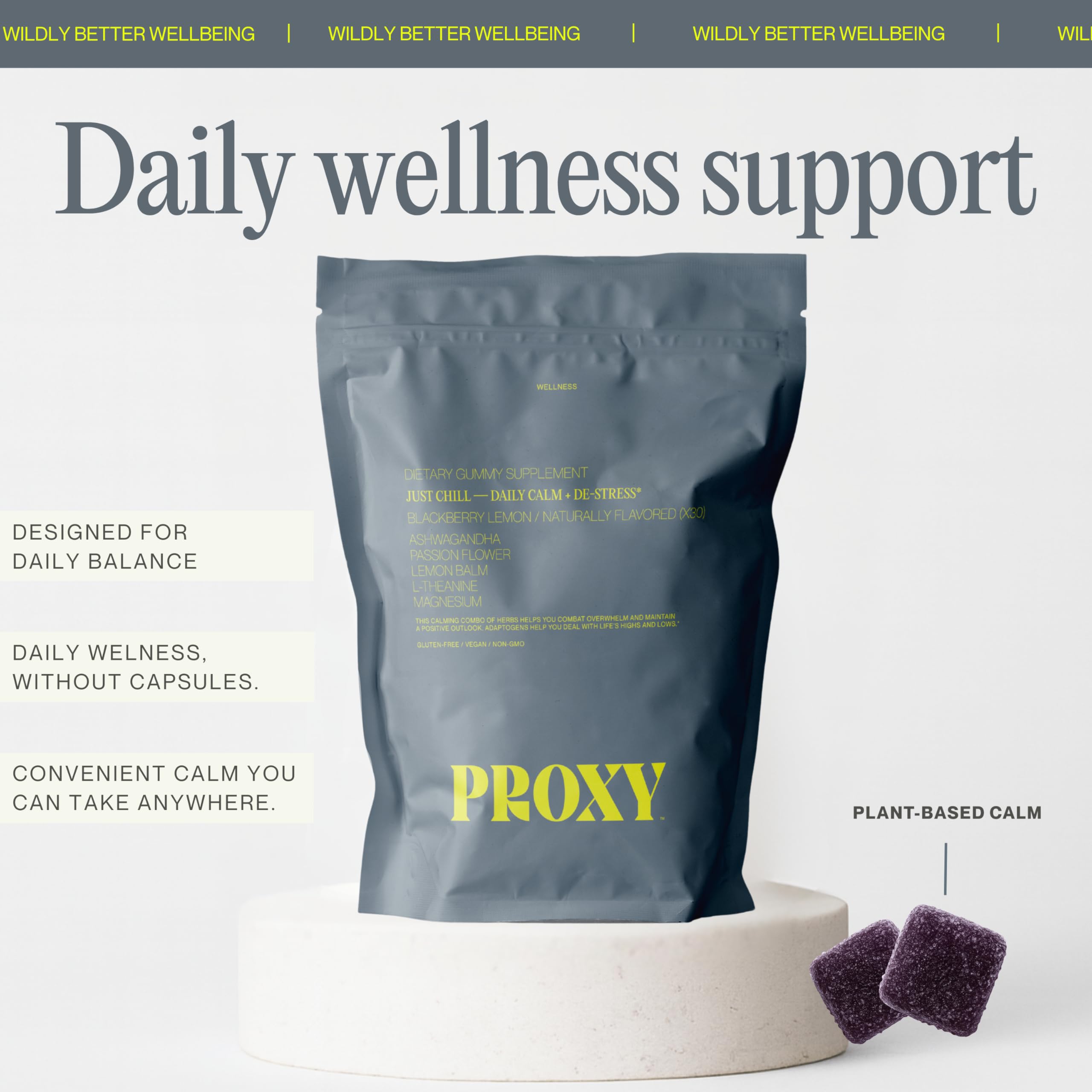 Close-up of PROXY Just Chill Calm Gummies with ashwagandha