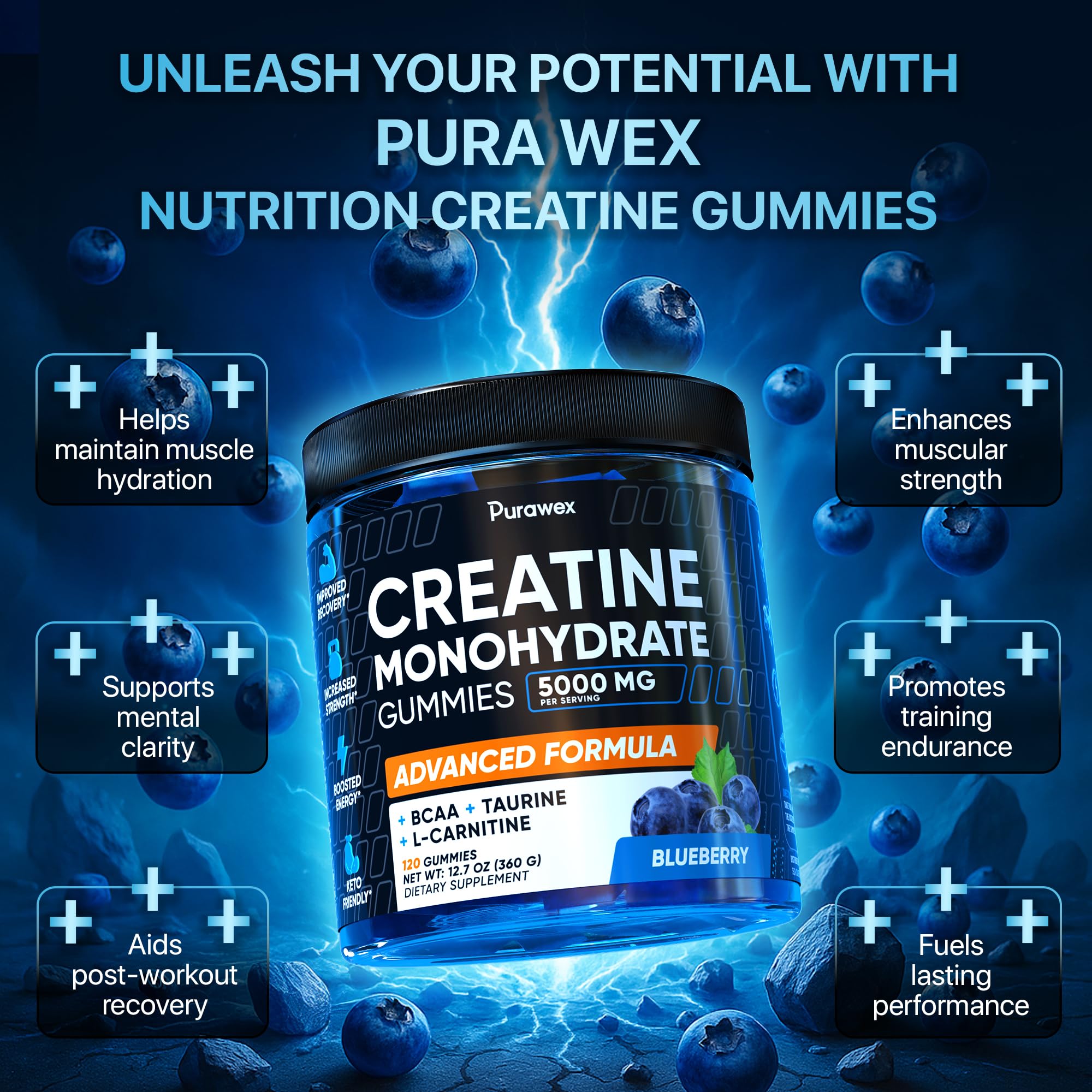 Close-up of PURA WEX NUTRITION Creatine Gummies blueberry flavour