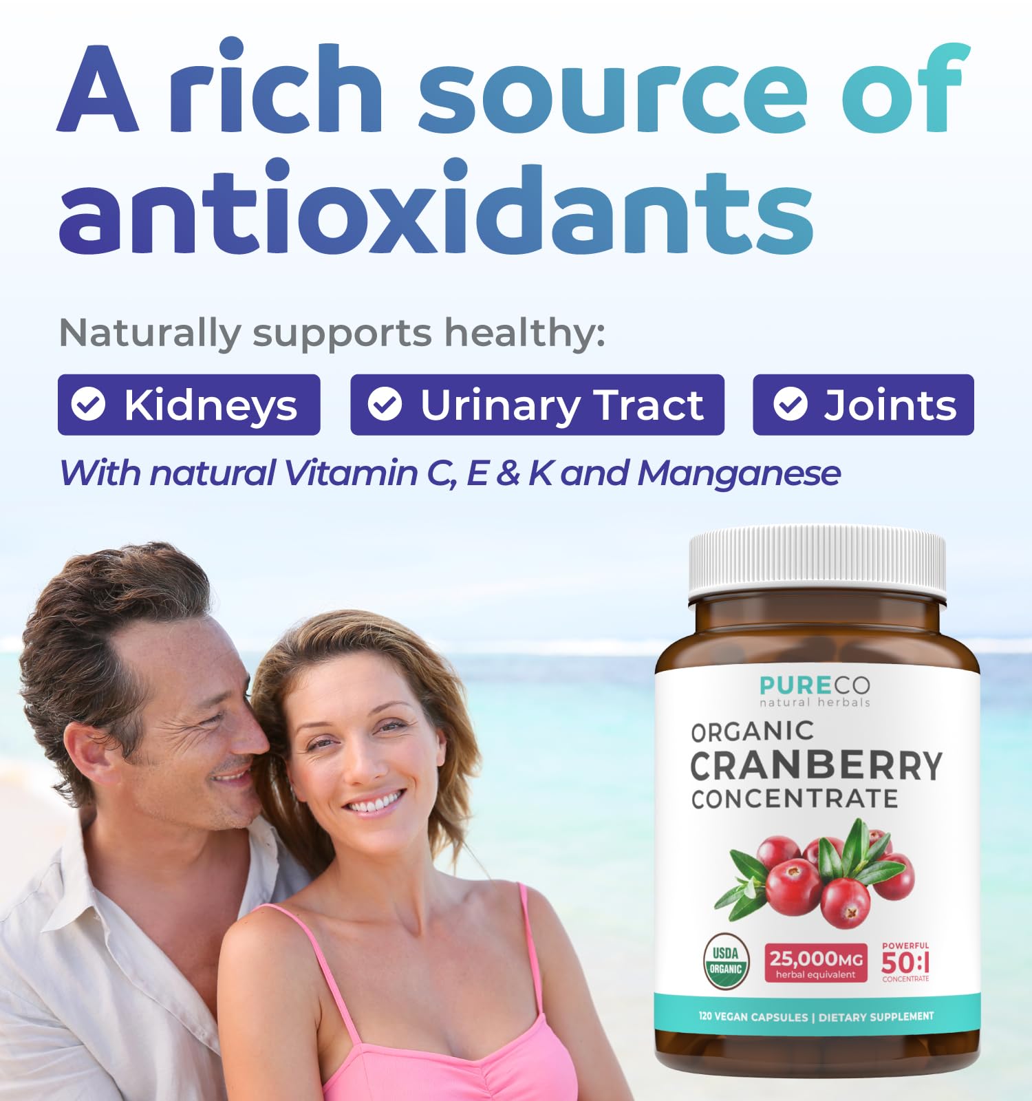 Close-up of PURE CO Cranberry Extract capsules