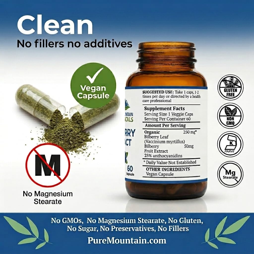 Close-up of Pure Mountain Botanicals Bilberry Capsules showing capsules