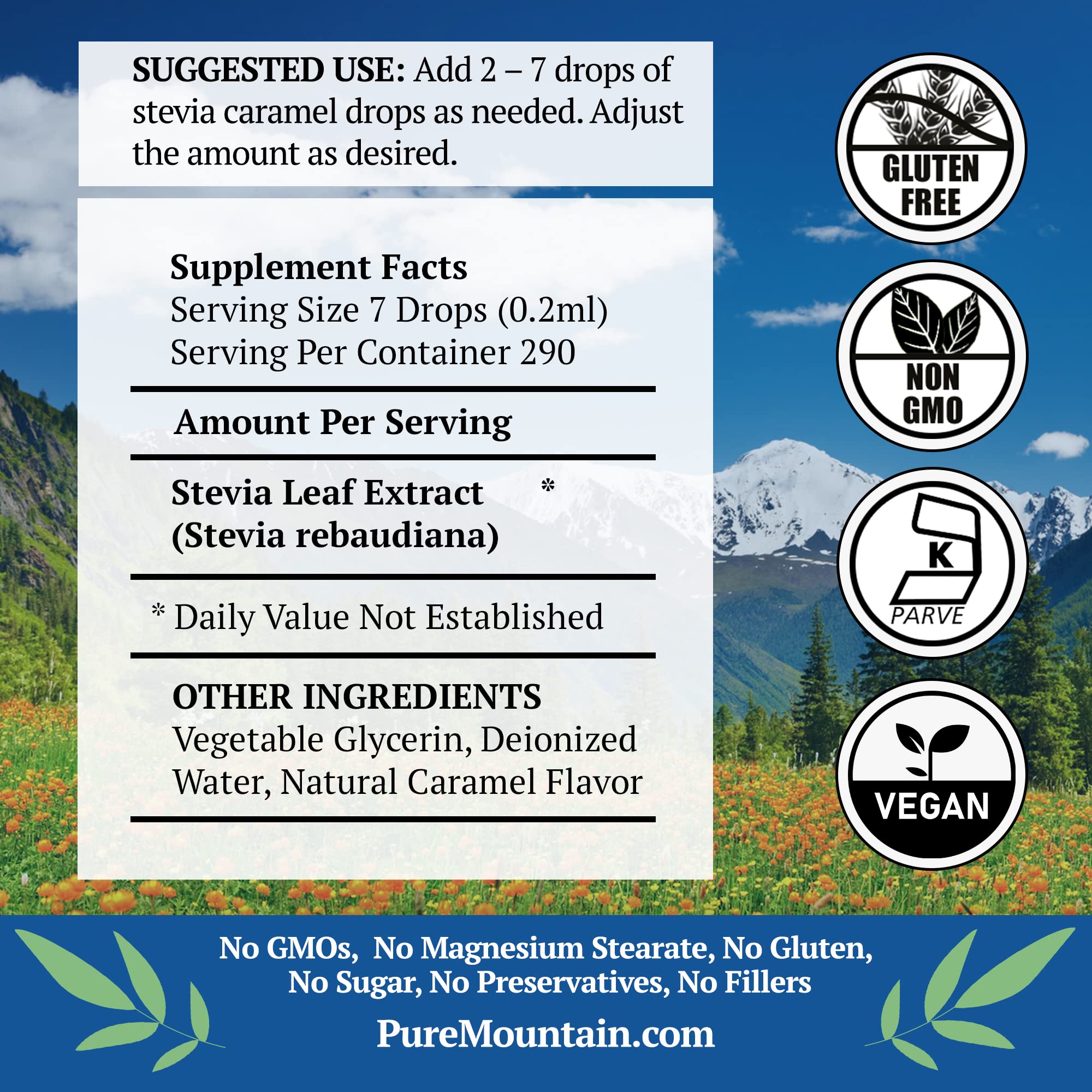 Close-up of Pure Mountain Botanicals Caramel Stevia Drops bottle