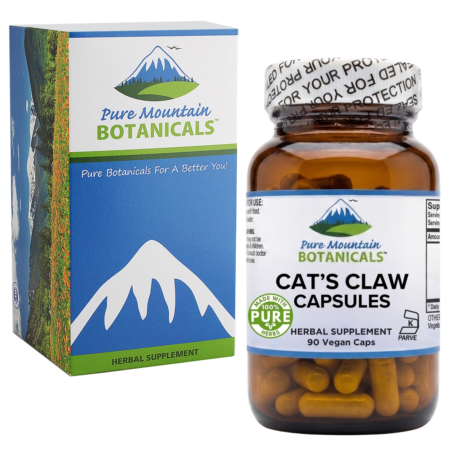 Close-up of Pure Mountain Botanicals Cat's Claw Bark capsules