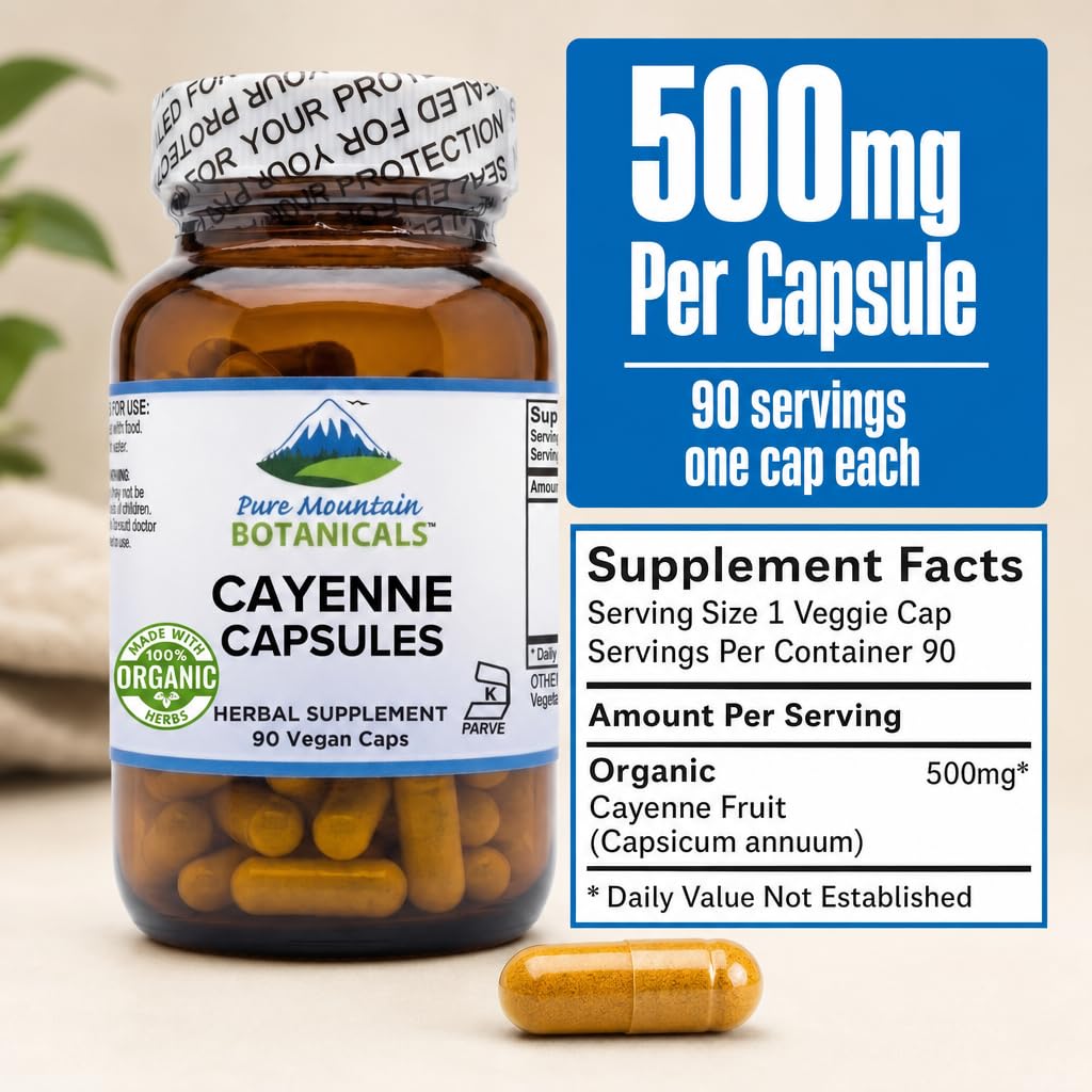 Close-up of Pure Mountain Botanicals Cayenne Pepper Capsules