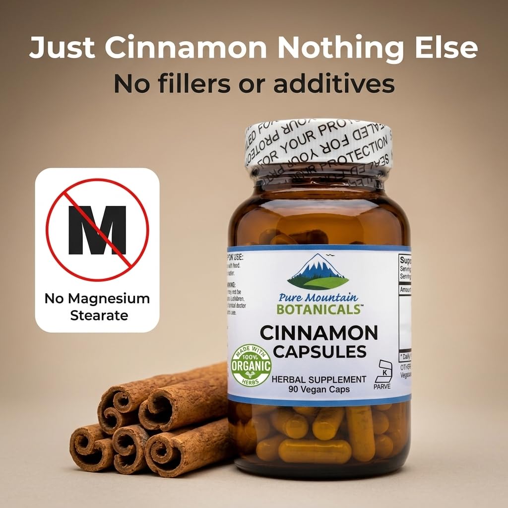 Close-up of Pure Mountain Botanicals Cinnamon Bark Capsules showing capsule size