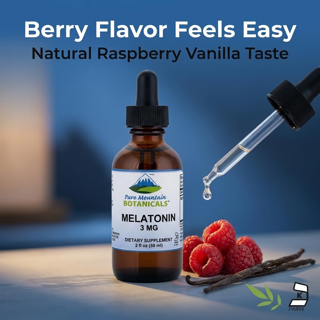 Close-up of Pure Mountain Botanicals Liquid Melatonin 3mg Drops label
