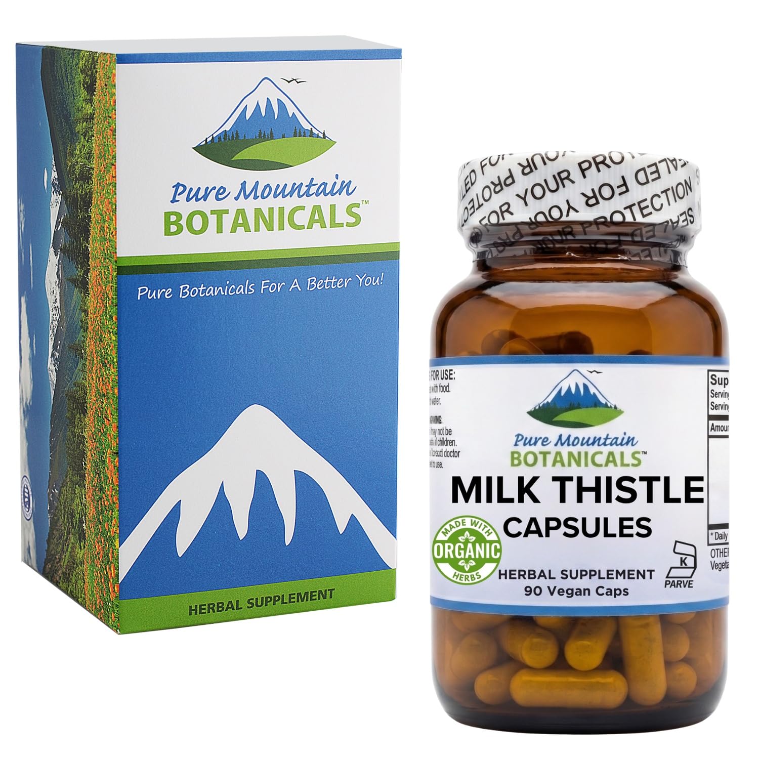 Close-up of Pure Mountain Botanicals Milk Thistle capsules