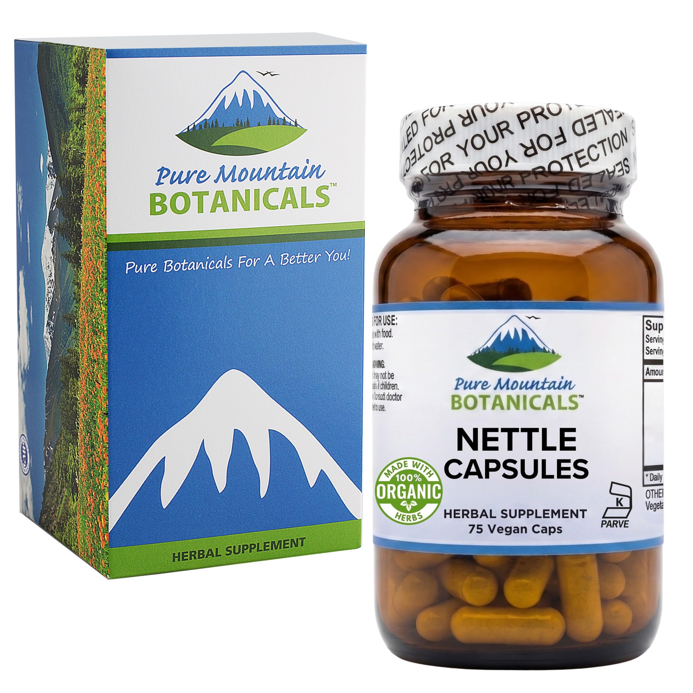 Close-up of Pure Mountain Botanicals Nettle Leaf Capsules