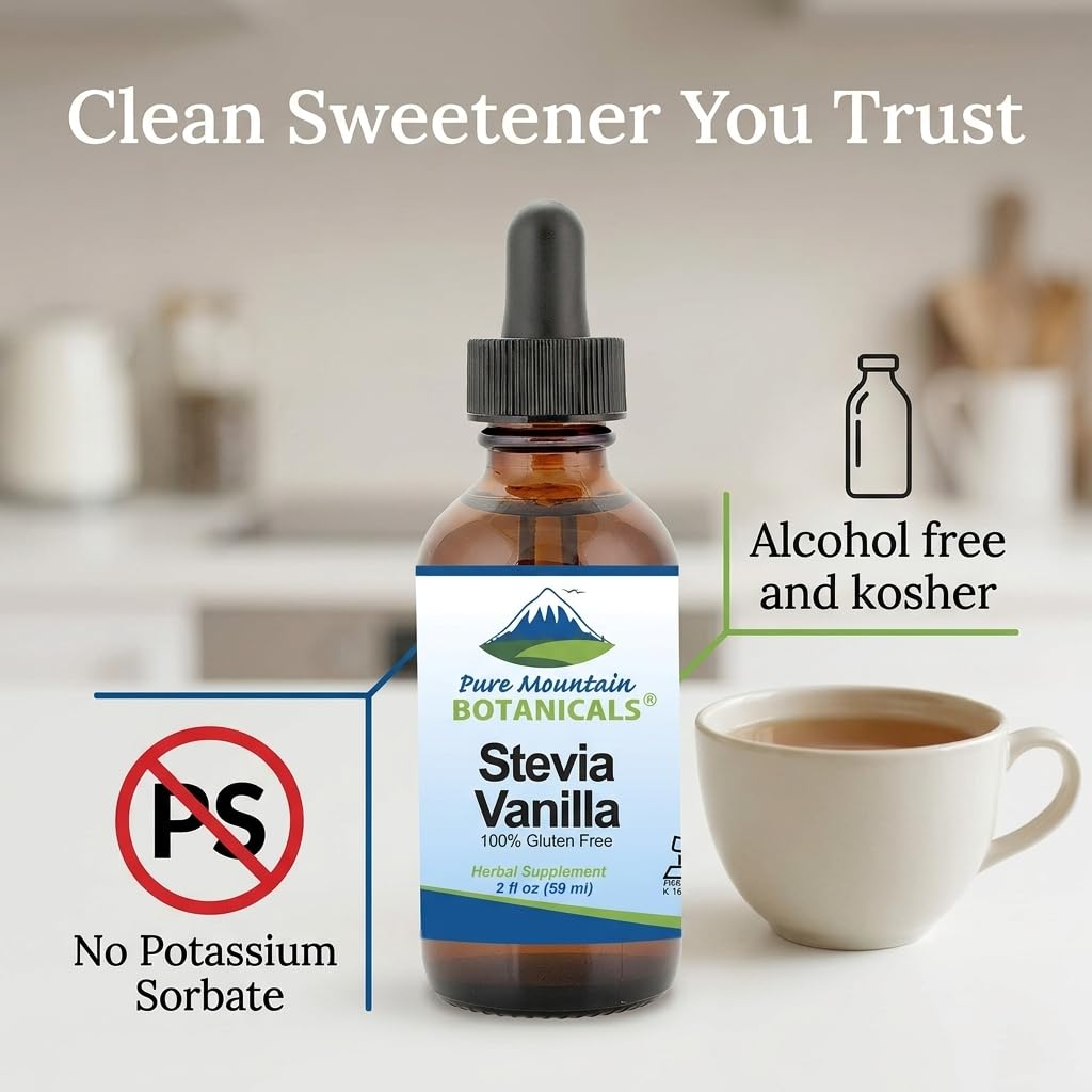 Close-up of Pure Mountain Botanicals Vanilla Stevia Liquid Sweetener label