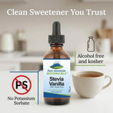 Close-up of Pure Mountain Botanicals Vanilla Stevia Liquid Sweetener label