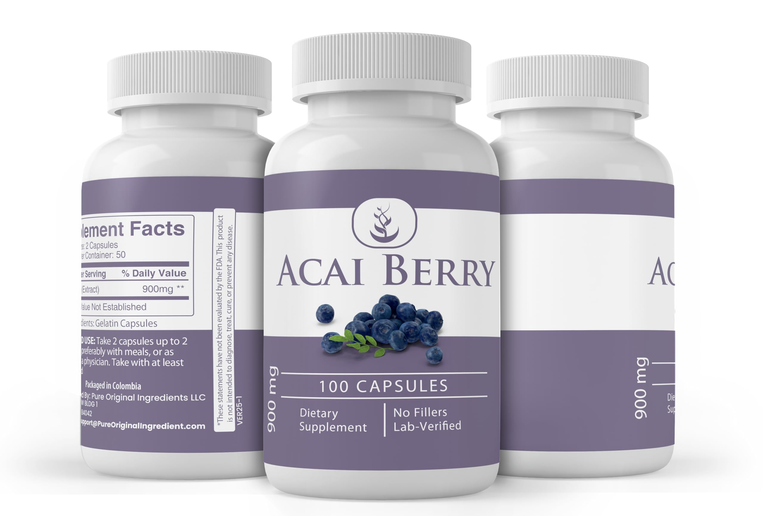 Close-up of PURE ORIGINAL INGREDIENTS Acai Berry extract capsules