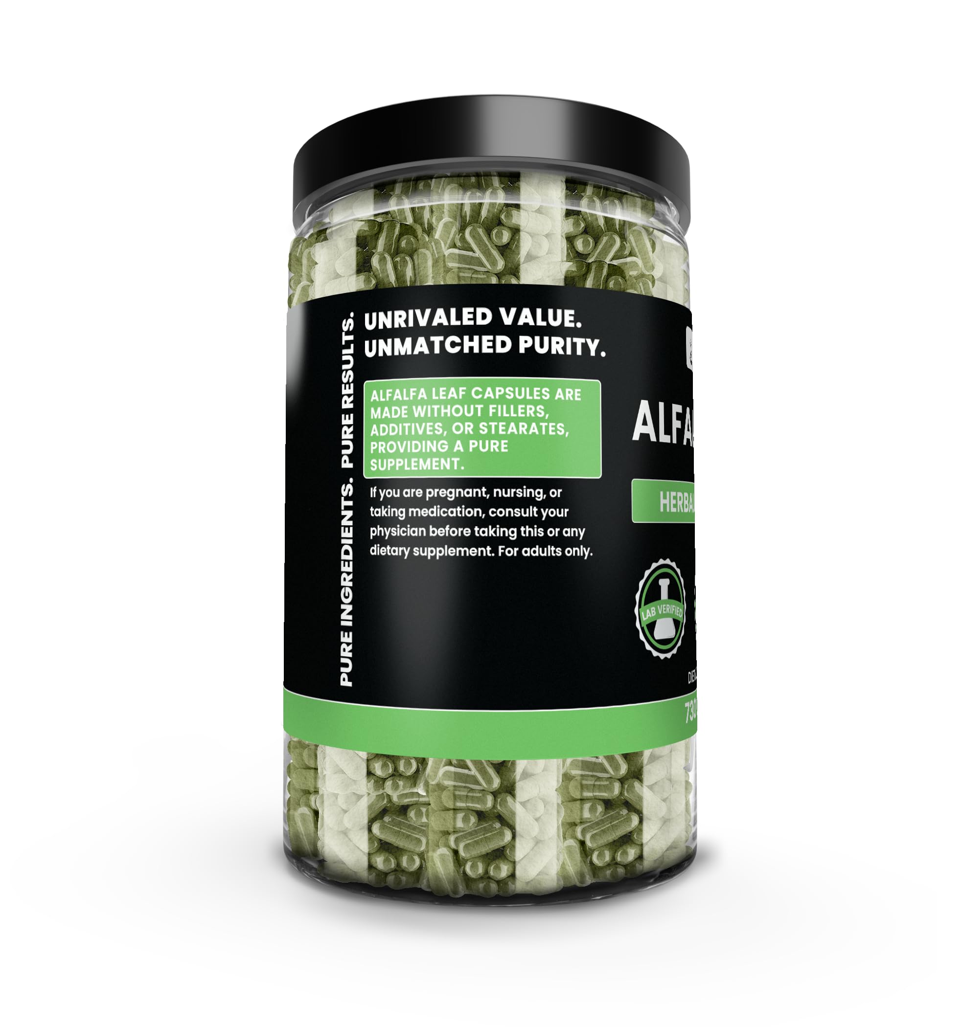Close-up of PURE ORIGINAL INGREDIENTS Alfalfa Leaf Capsules bottle