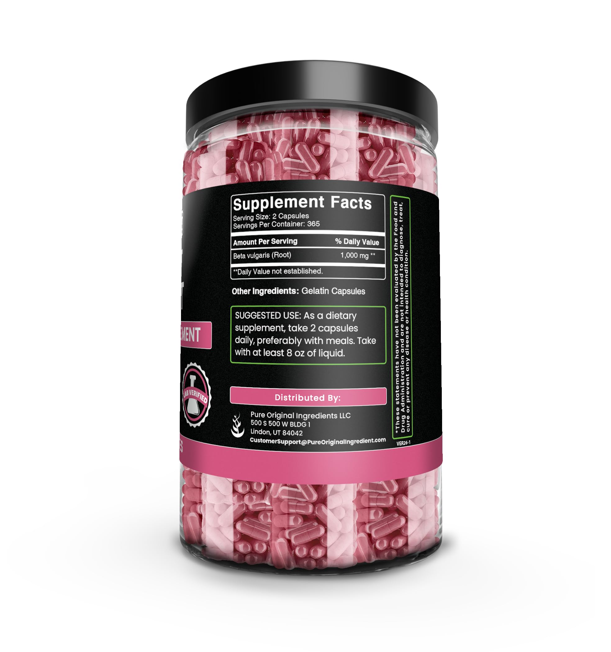 Close-up of PURE ORIGINAL INGREDIENTS Beet Root Capsules