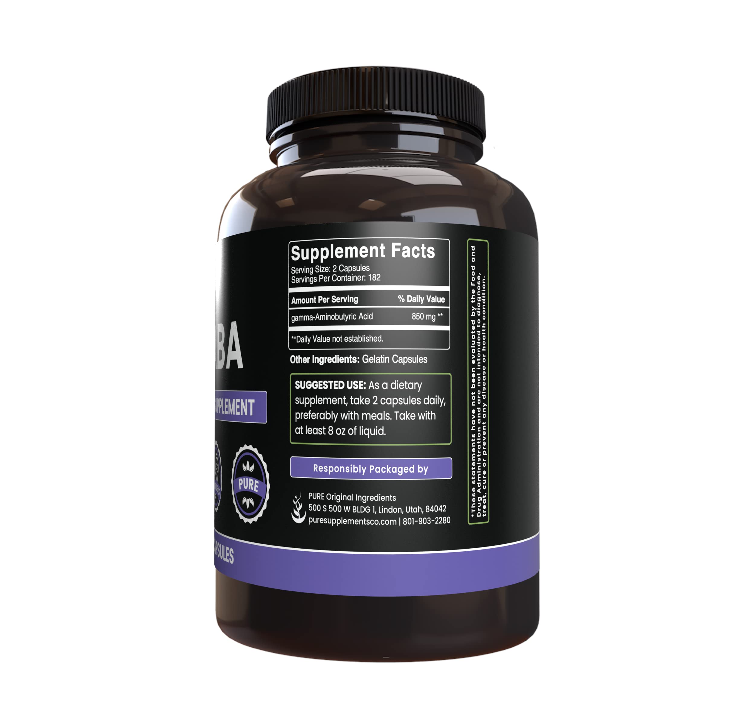 Close-up of PURE ORIGINAL INGREDIENTS GABA Capsules showing label