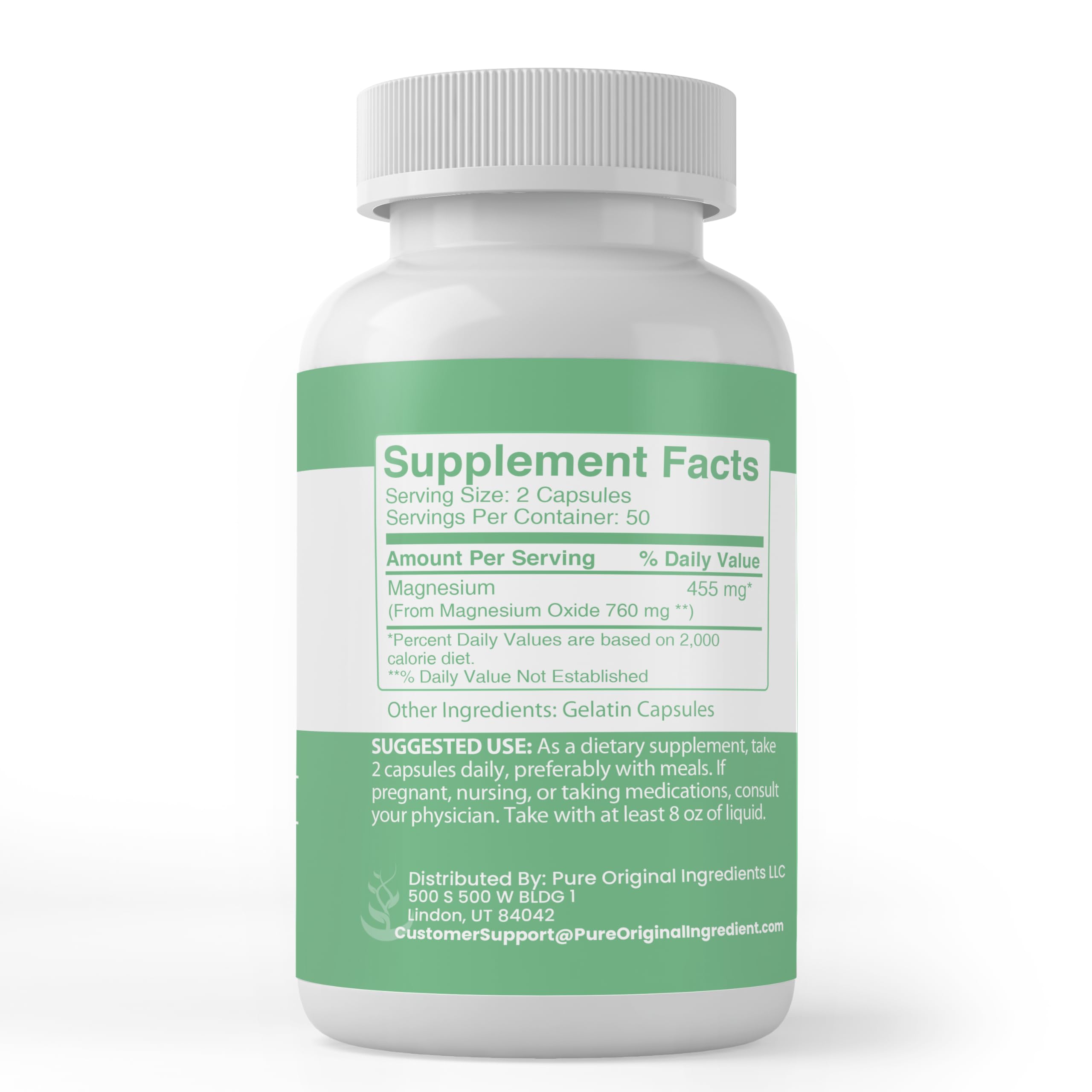 Close-up of PURE ORIGINAL INGREDIENTS Magnesium Oxide Capsules bottle