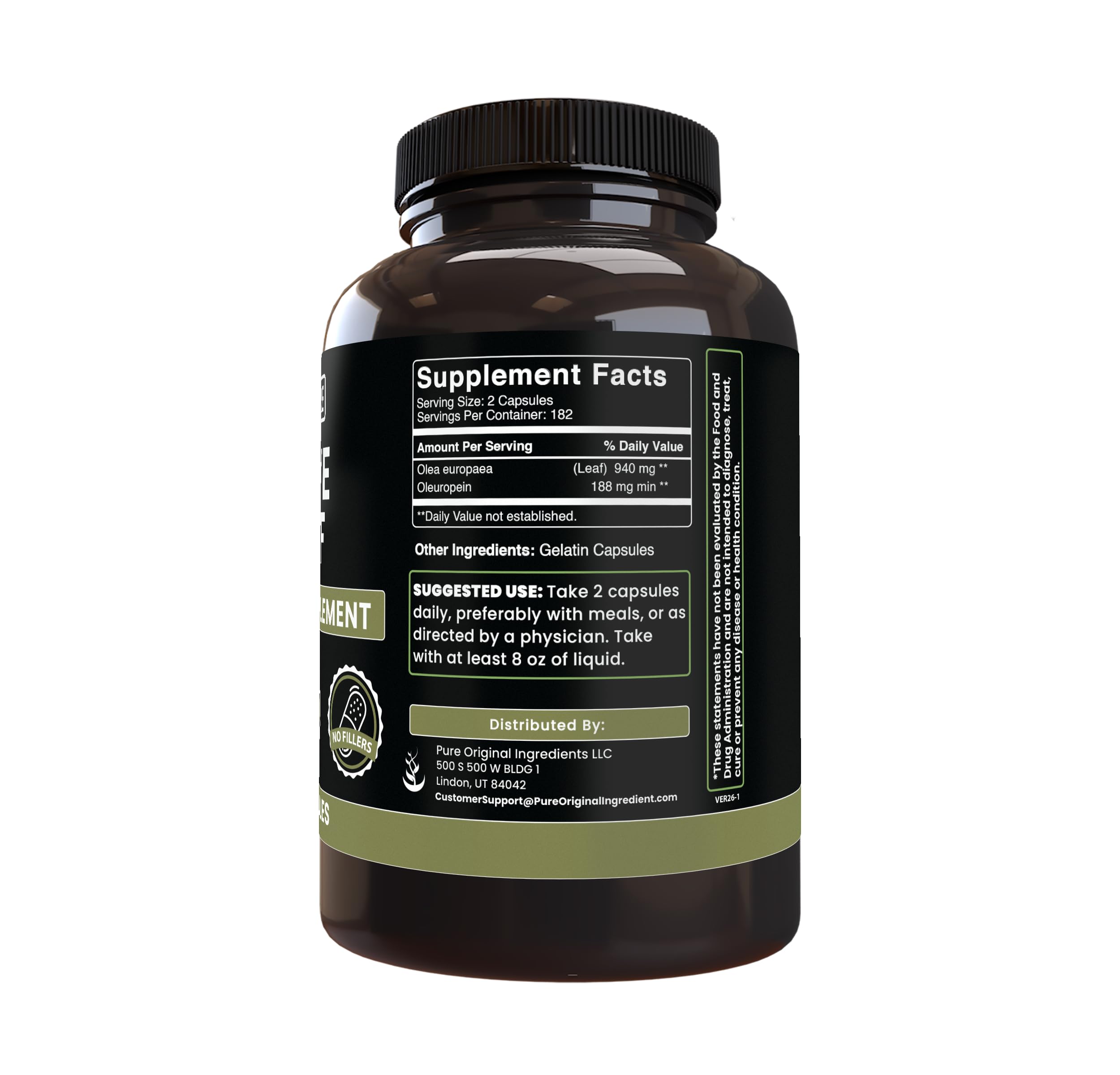 Close-up of PURE ORIGINAL INGREDIENTS Olive Leaf Capsules bottle