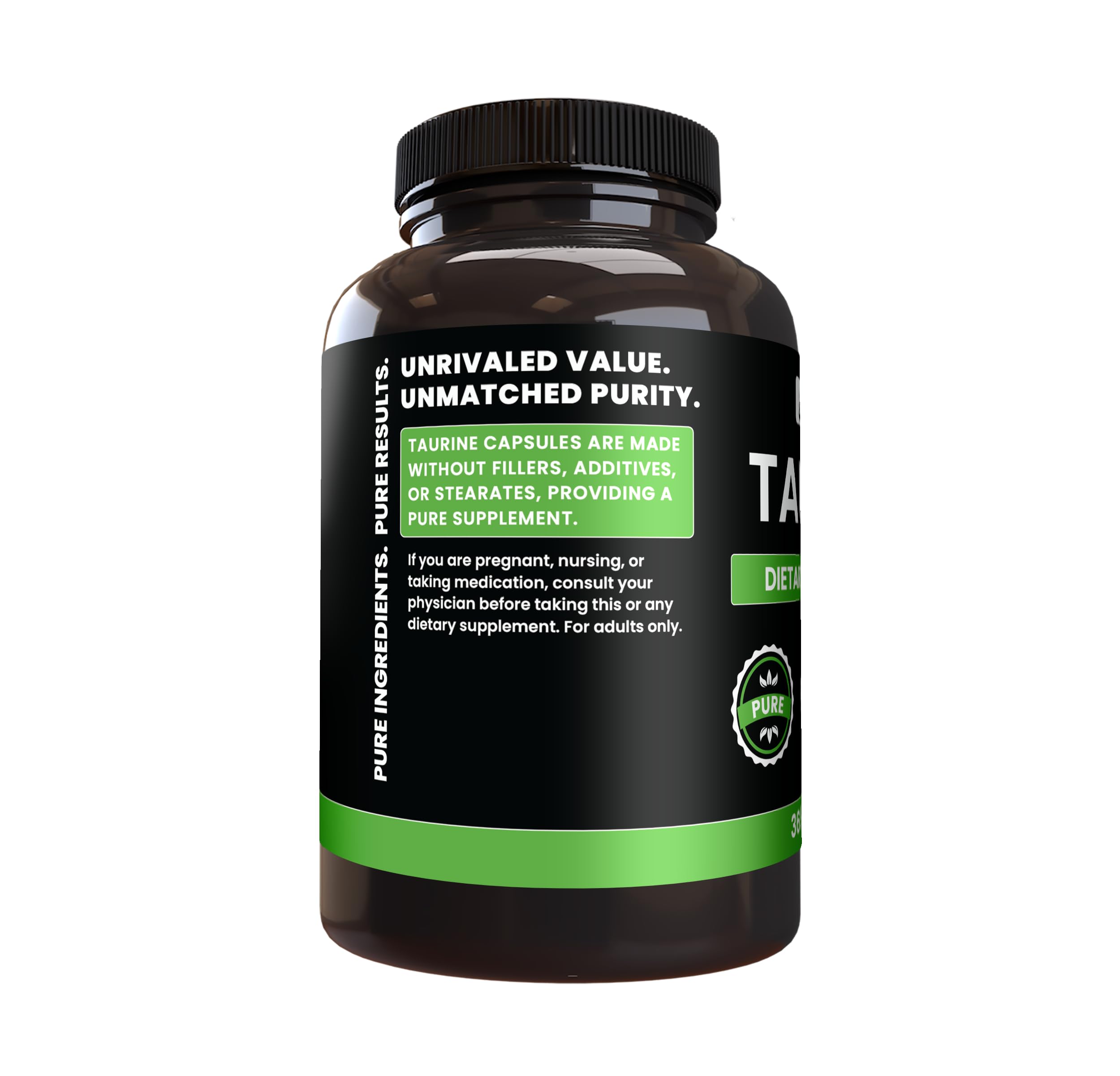 Close-up of PURE ORIGINAL INGREDIENTS Taurine Capsules with ingredients list