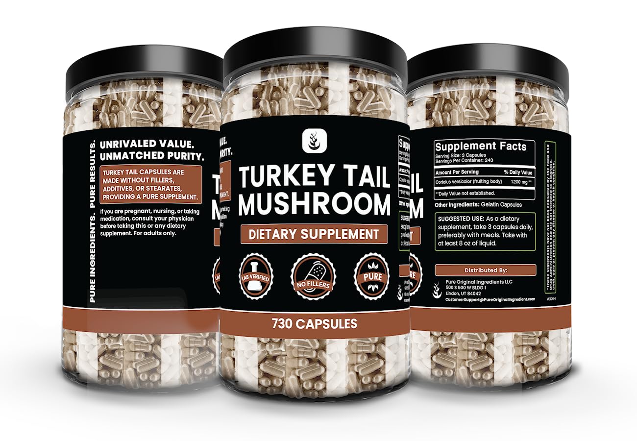 Close-up of PURE ORIGINAL INGREDIENTS Turkey Tail Mushroom Capsules