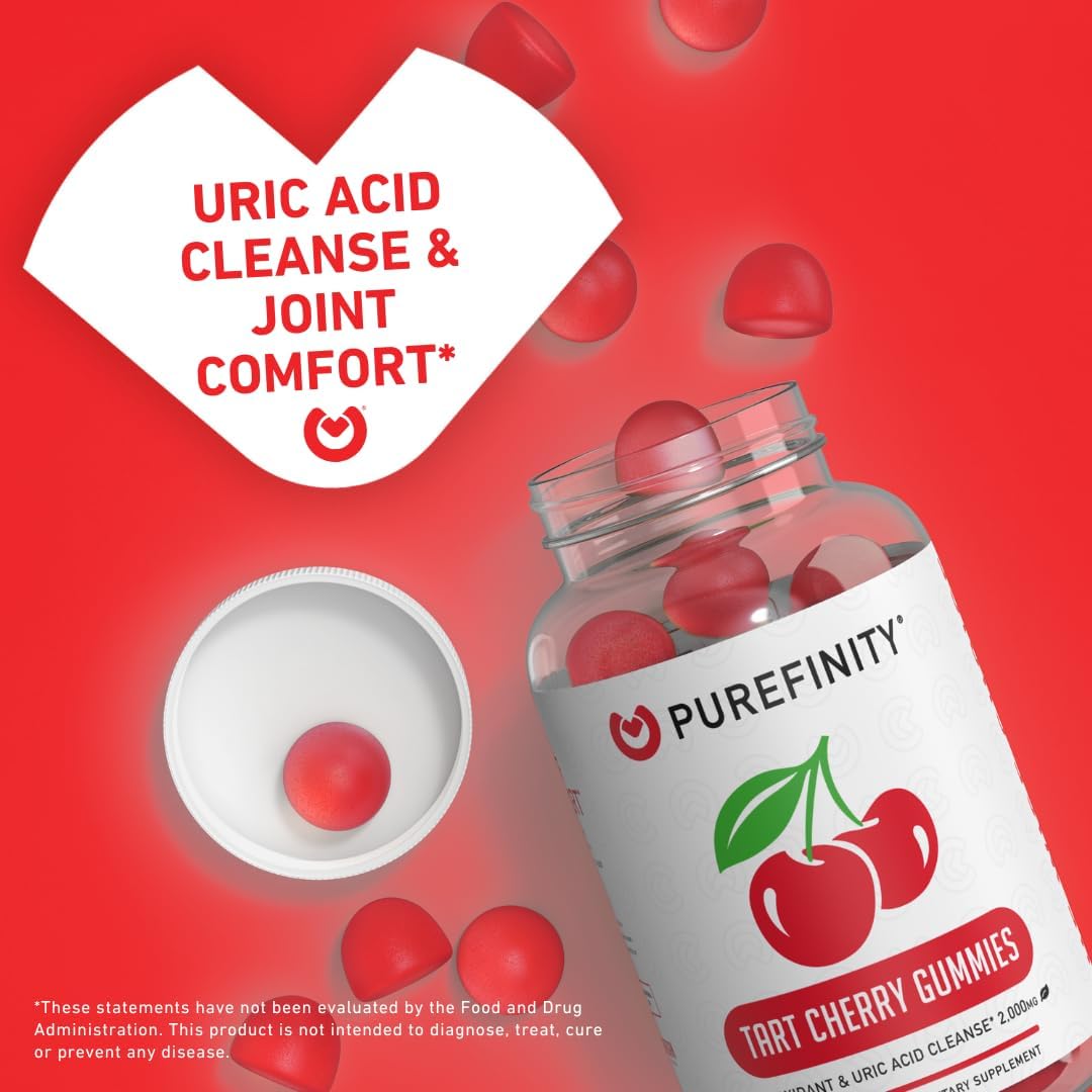 Close-up of PUREFINITY Tart Cherry Gummies showing gummies