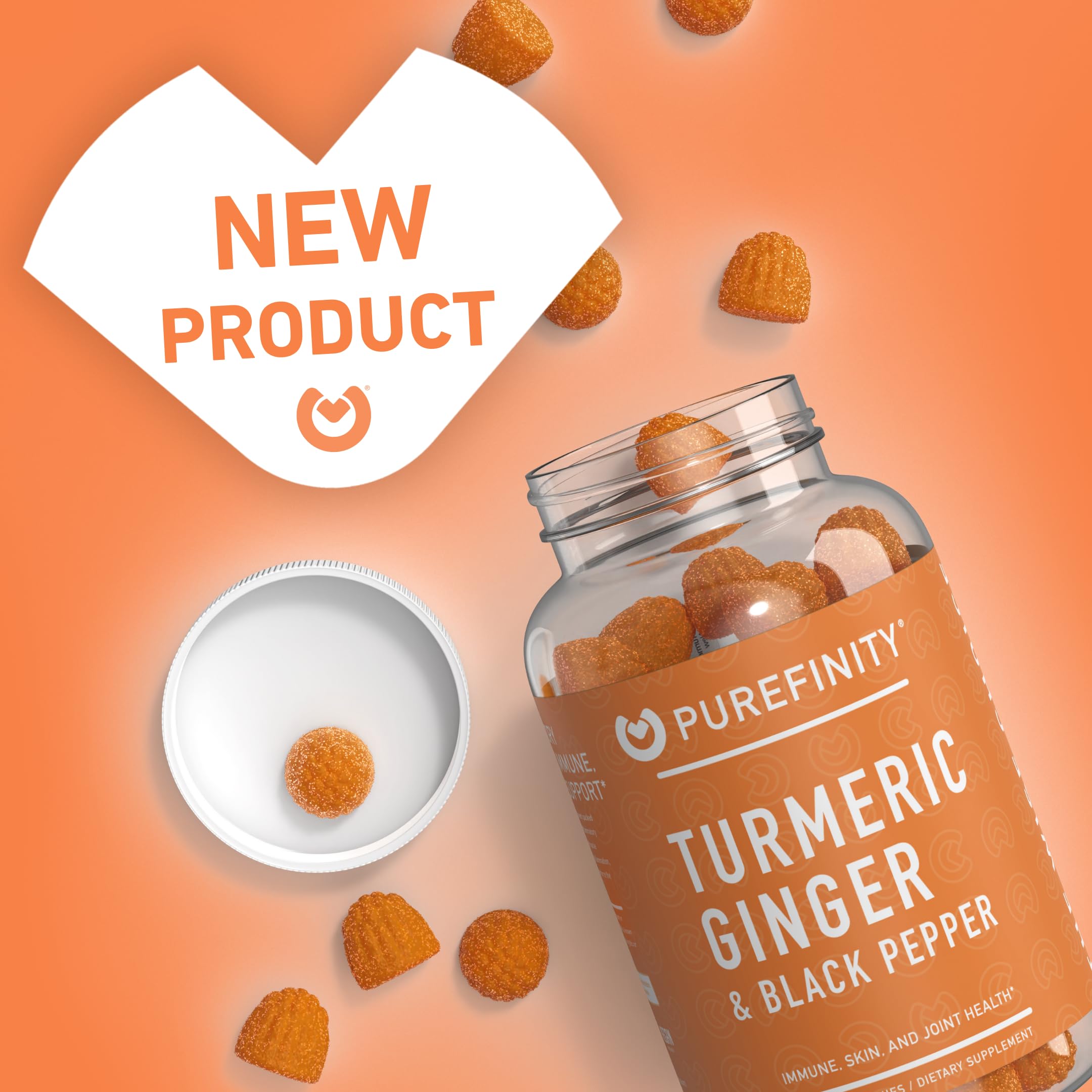 Close-up of PUREFINITY Turmeric Ginger Gummies showing peach flavour