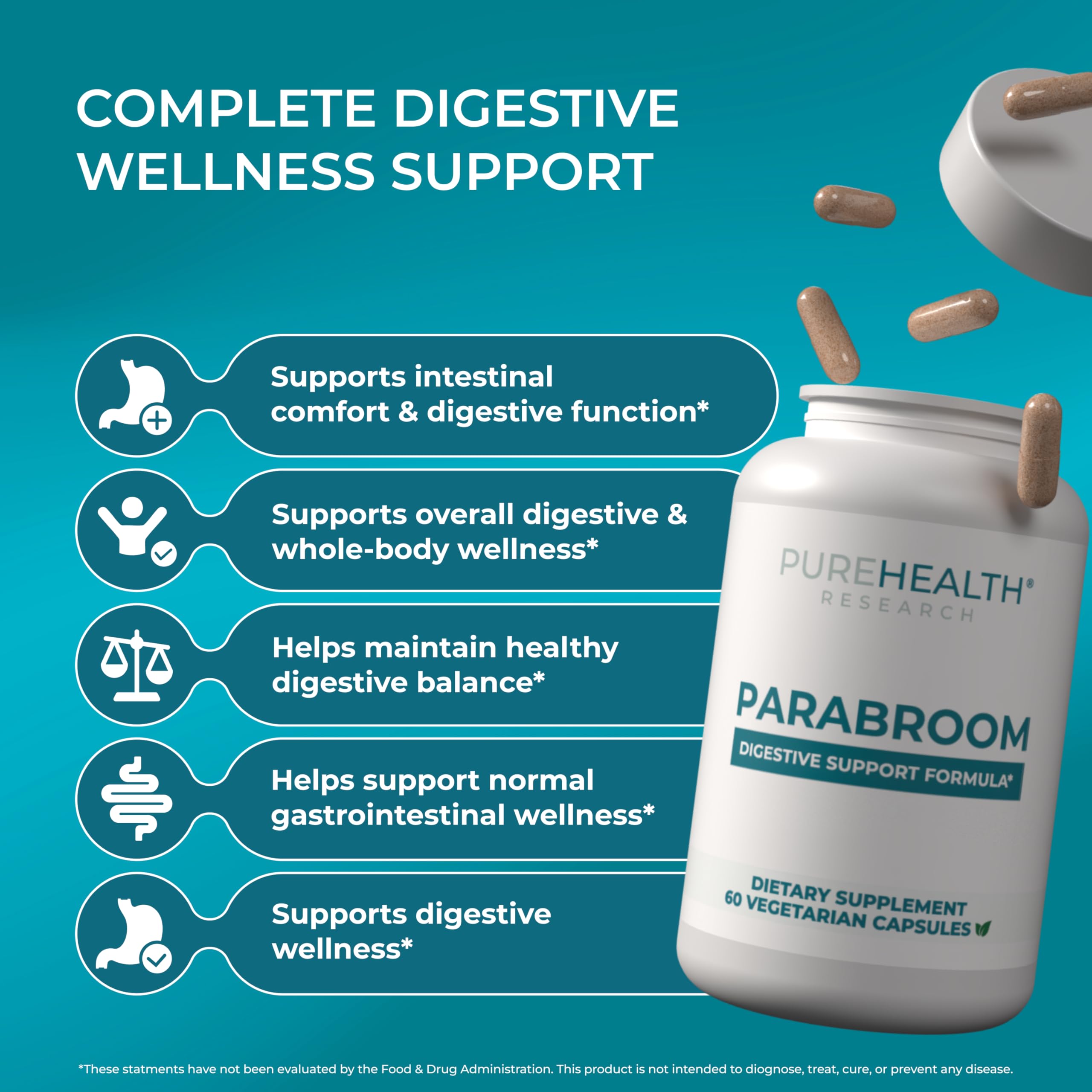 Close-up of PUREHEALTH RESEARCH Parabroom Herbal Supplement capsules
