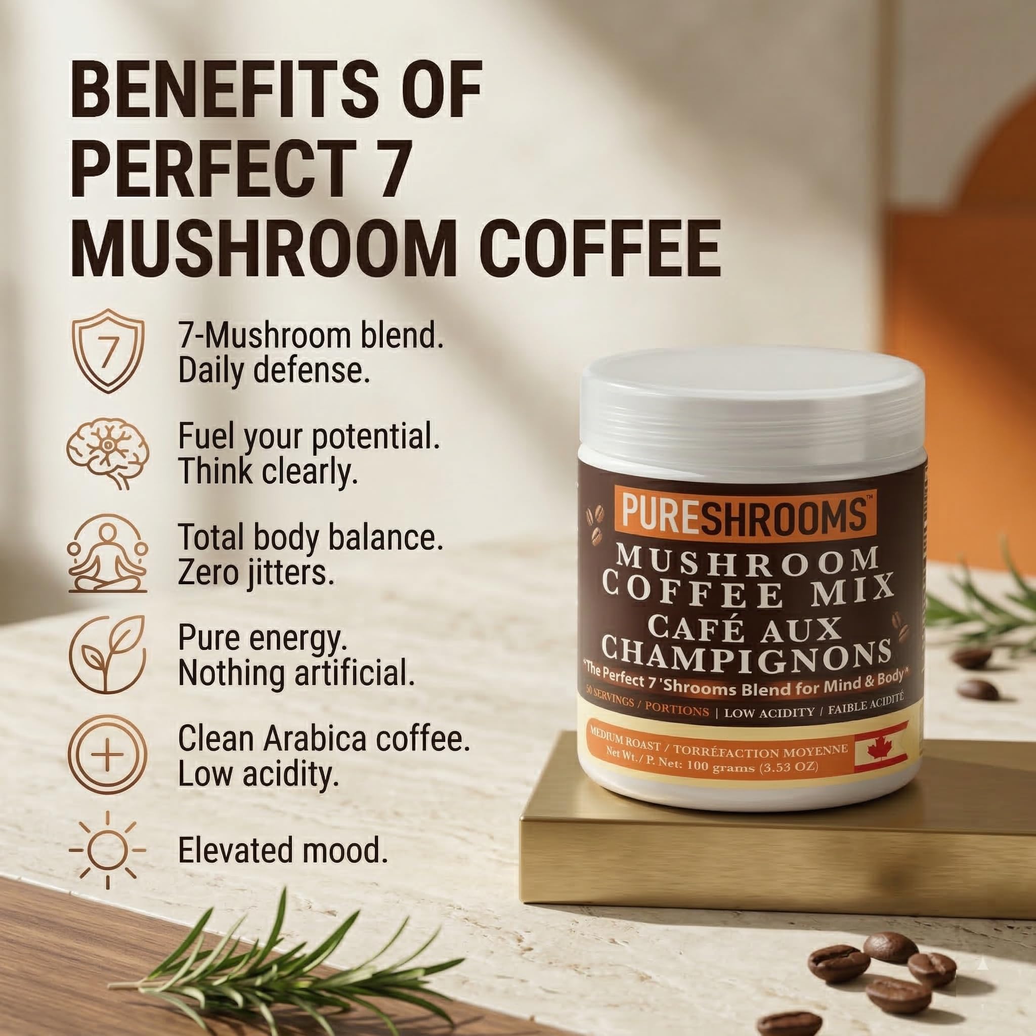 Close-up of PureShrooms Perfect 7 Instant Coffee powder