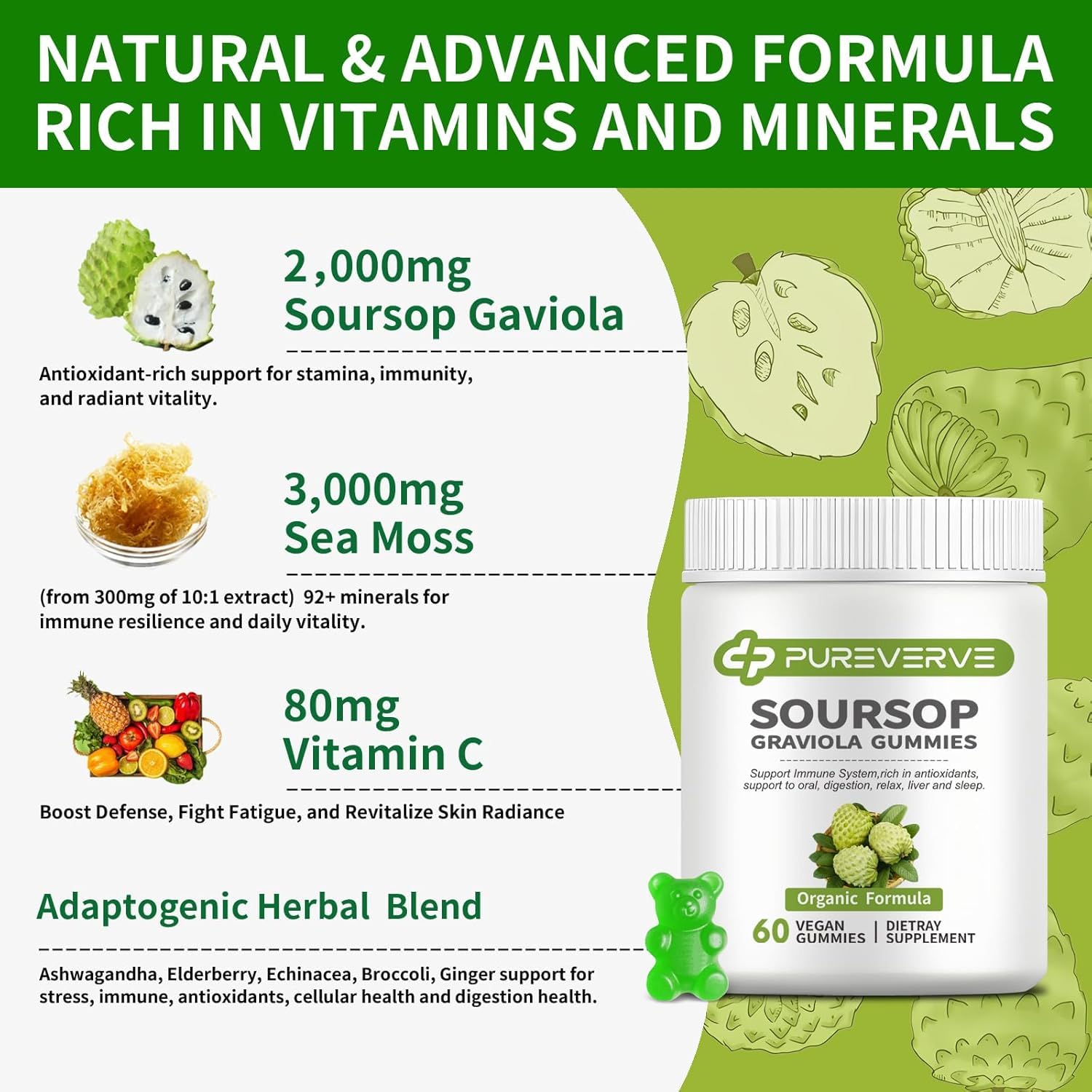 Close-up of Pureverve Soursop Leaf Extract Gummies showing texture