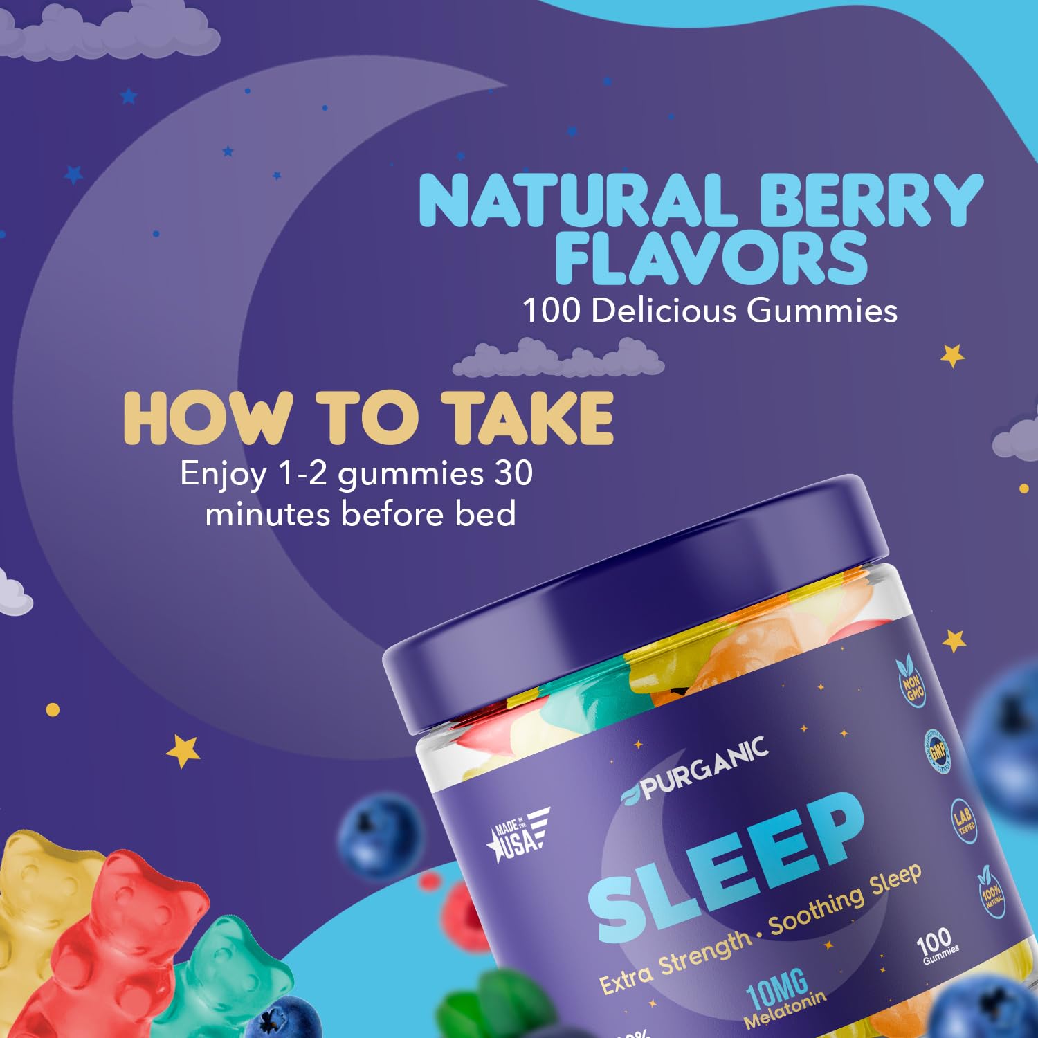 Close-up of Purganic Melatonin Gummies showing gummy texture
