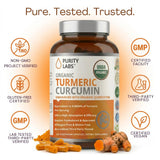 Close-up of Purity Labs Organic Turmeric Curcumin capsules