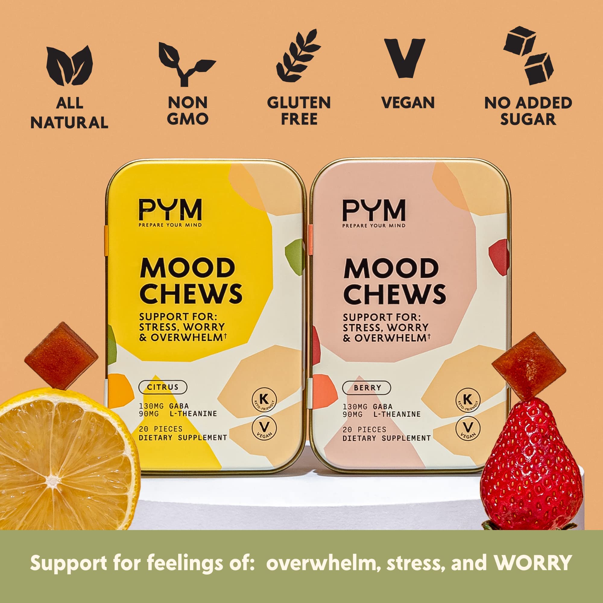 Close-up of PYM Health Mood Chews showing individual chews