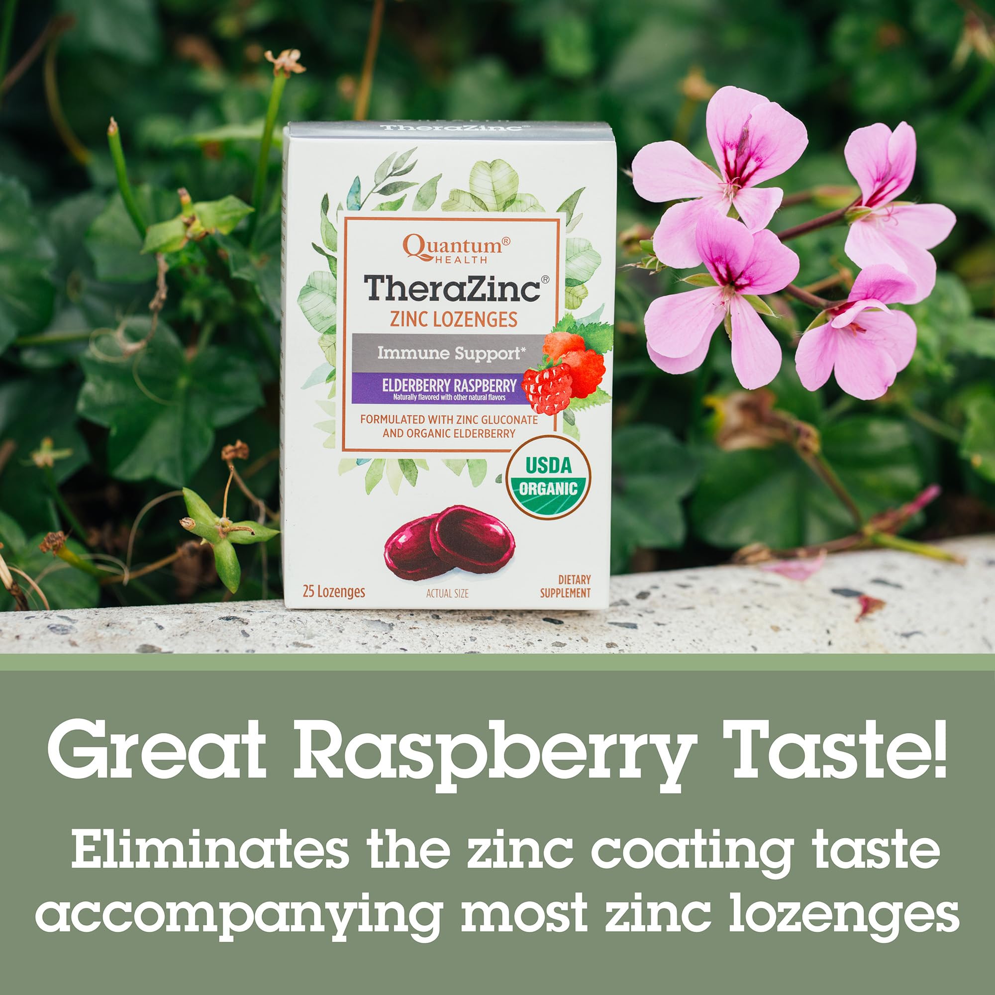 Close-up of Quantum Elderberry Zinc Lozenges