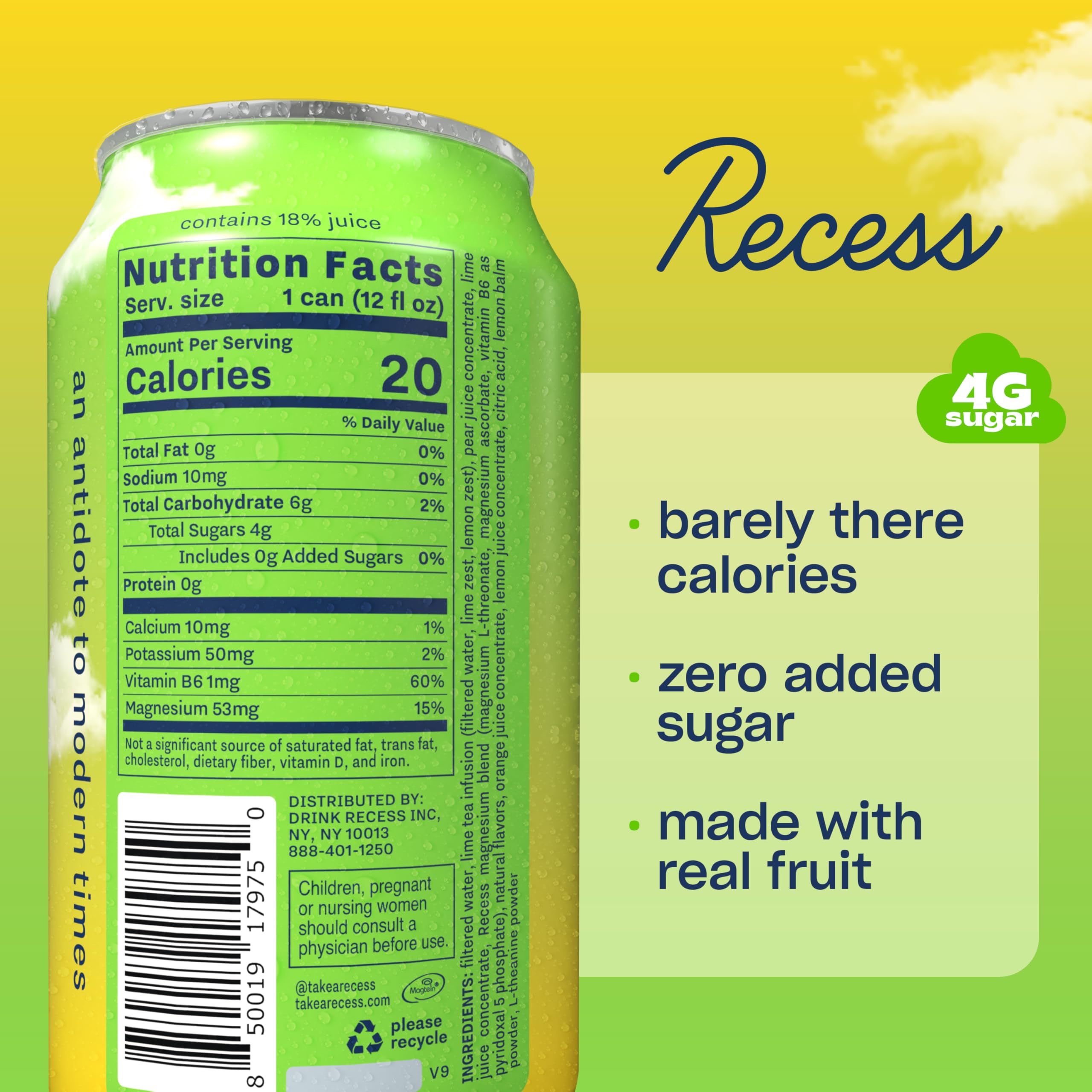 Close-up of Recess Mood Lime Citrus Sparkling Water can
