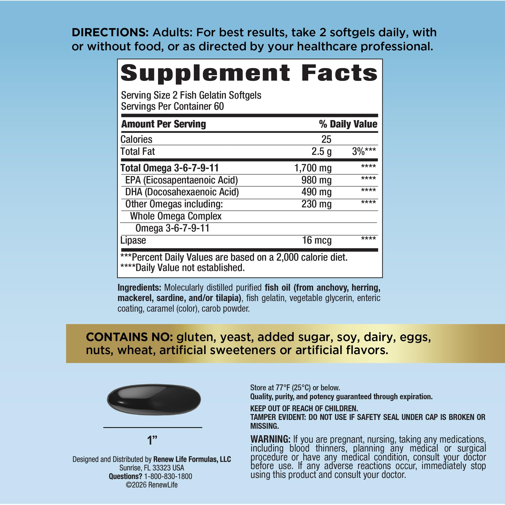 Close-up of Renew Life Norwegian Gold Critical Omega Softgels showing size and shape