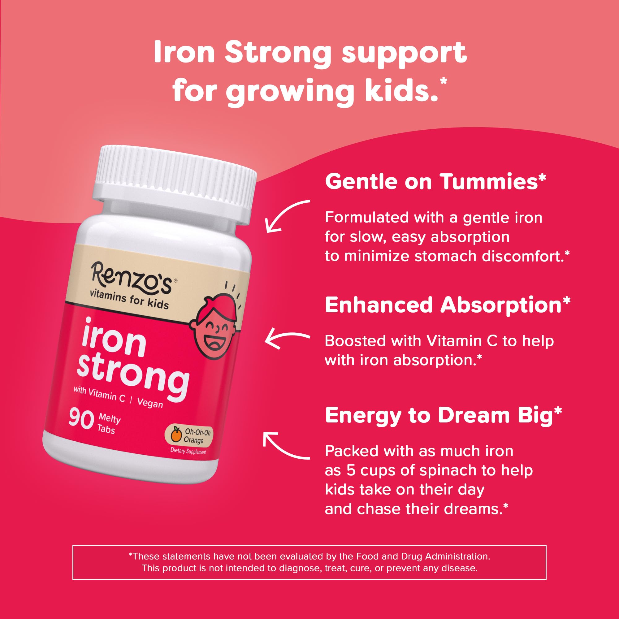 Close-up of Renzo's Melty Kids Iron Supplement tablet