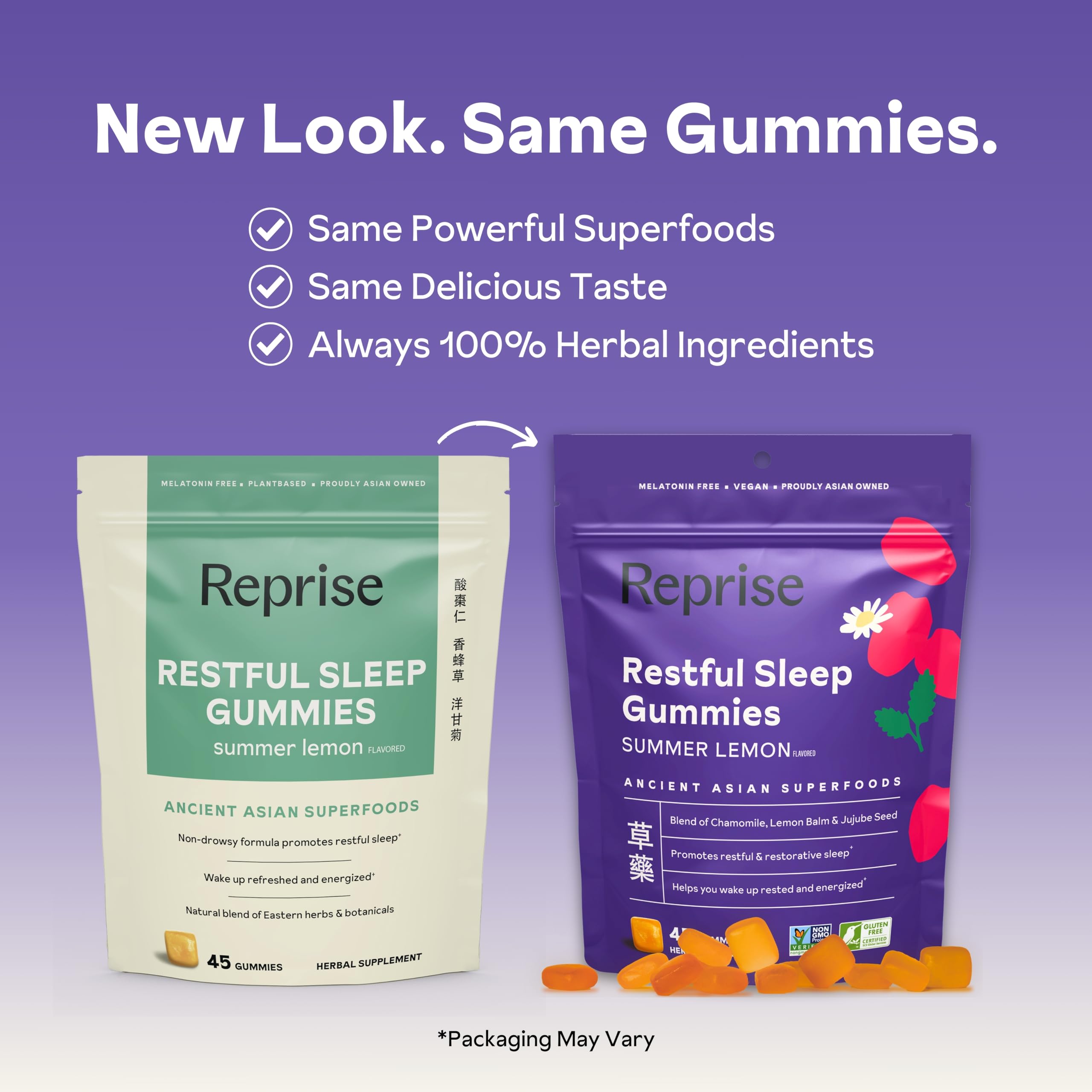 Close-up of Reprise Restful Sleep Gummies with herbal ingredients
