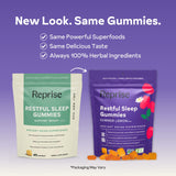 Close-up of Reprise Restful Sleep Gummies with herbal ingredients