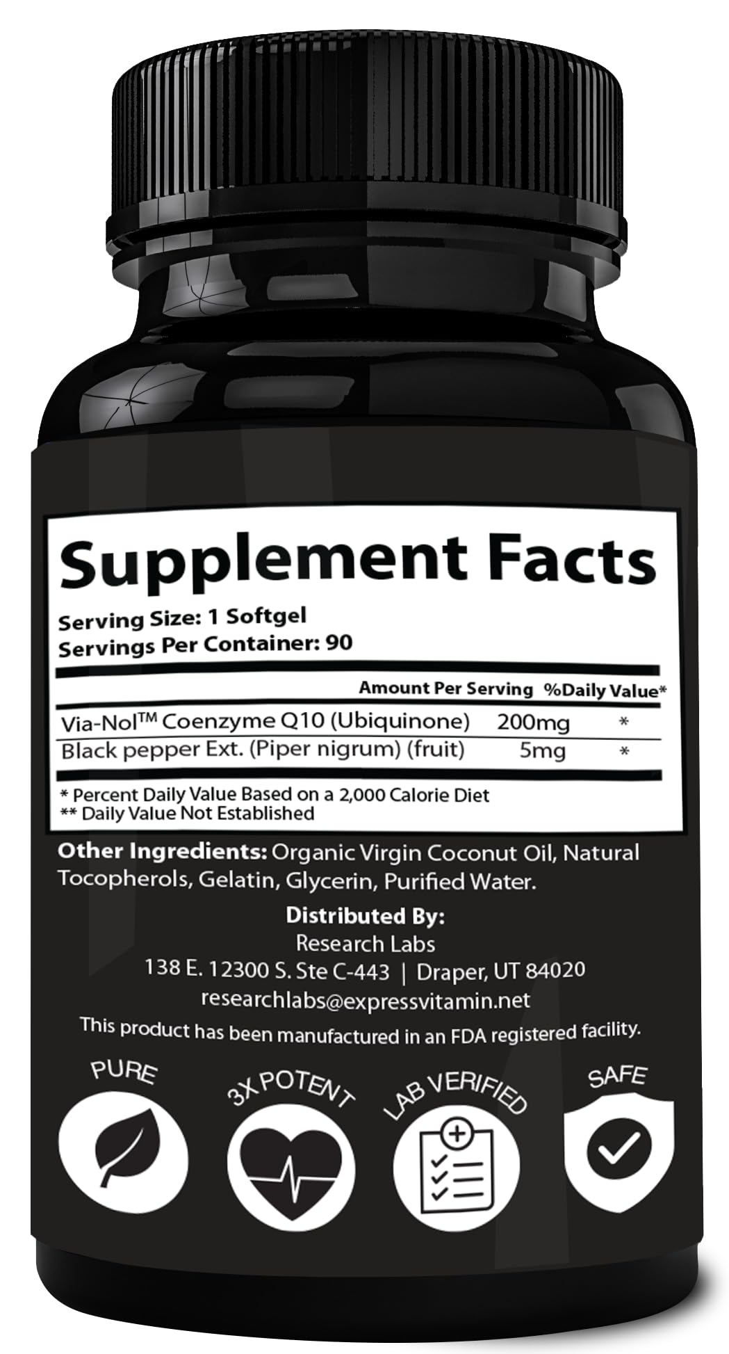 Close-up of Research Labs CoQ10 Softgel capsule