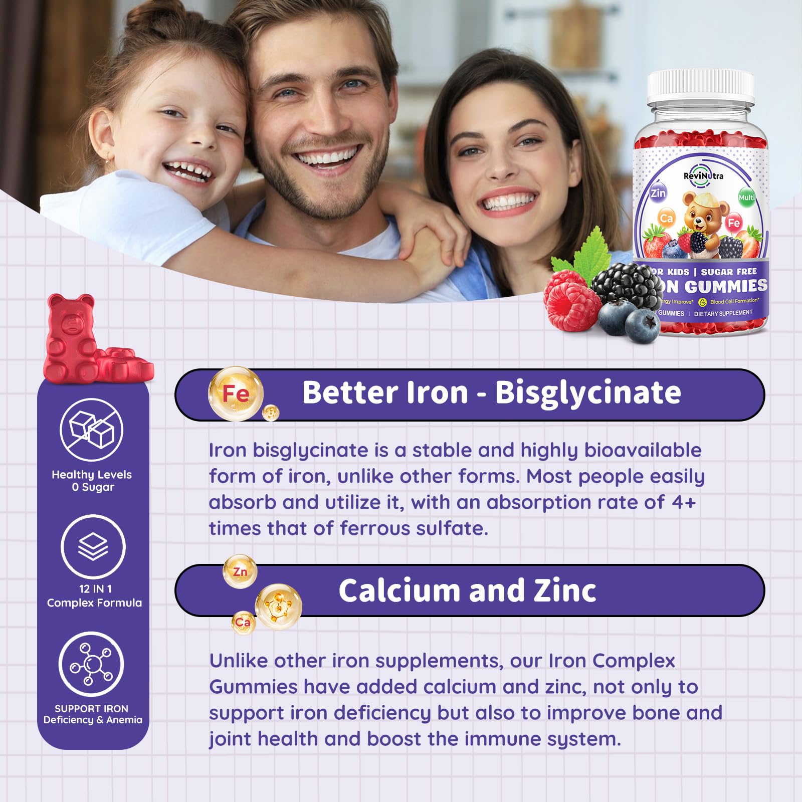 Close-up of ReviNutra Iron Gummies for Kids showing gummy texture