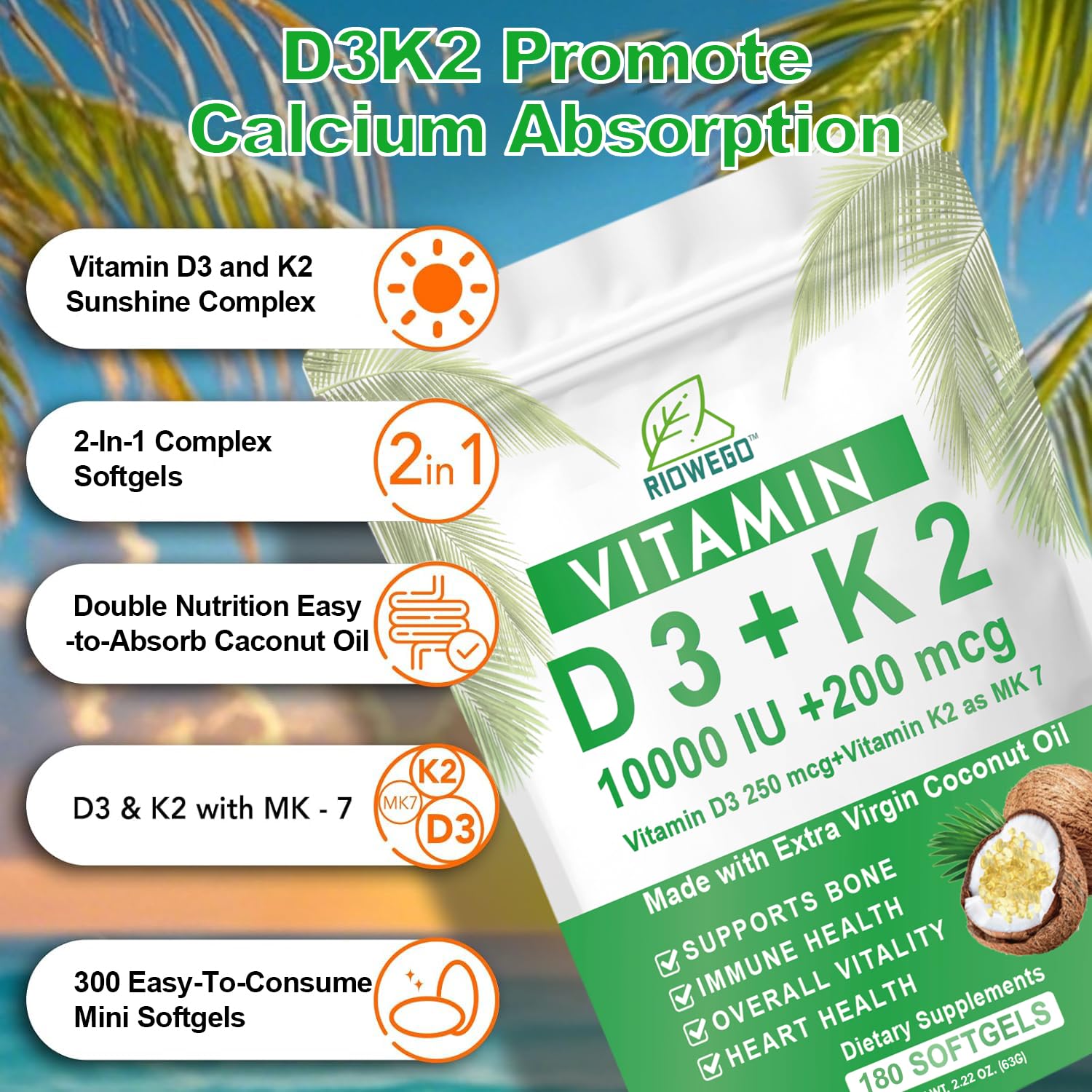 Close-up of RIOWEGO Vitamin D3 K2 Softgels