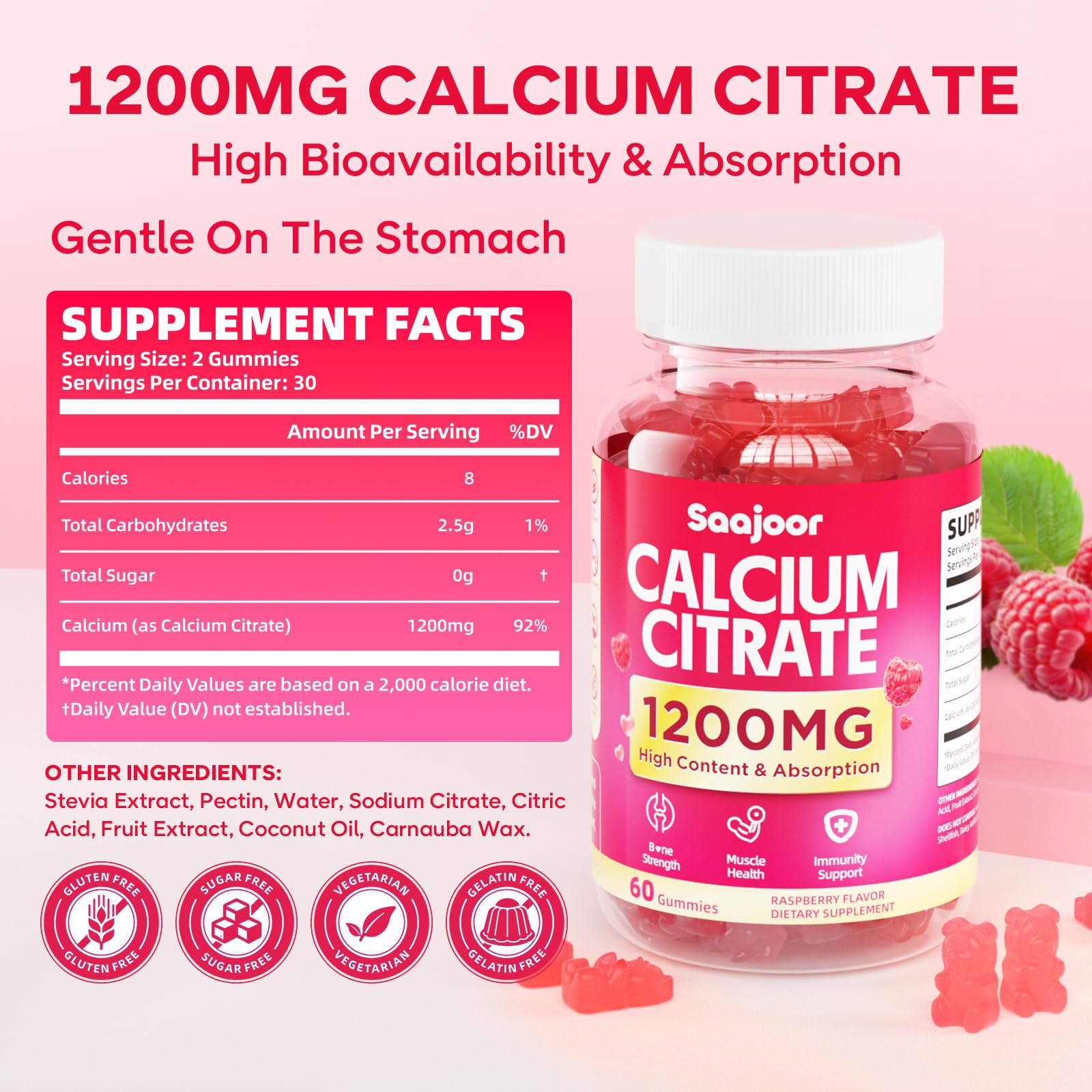 Close-up of Saajoor Calcium Citrate Gummies showing raspberry flavour