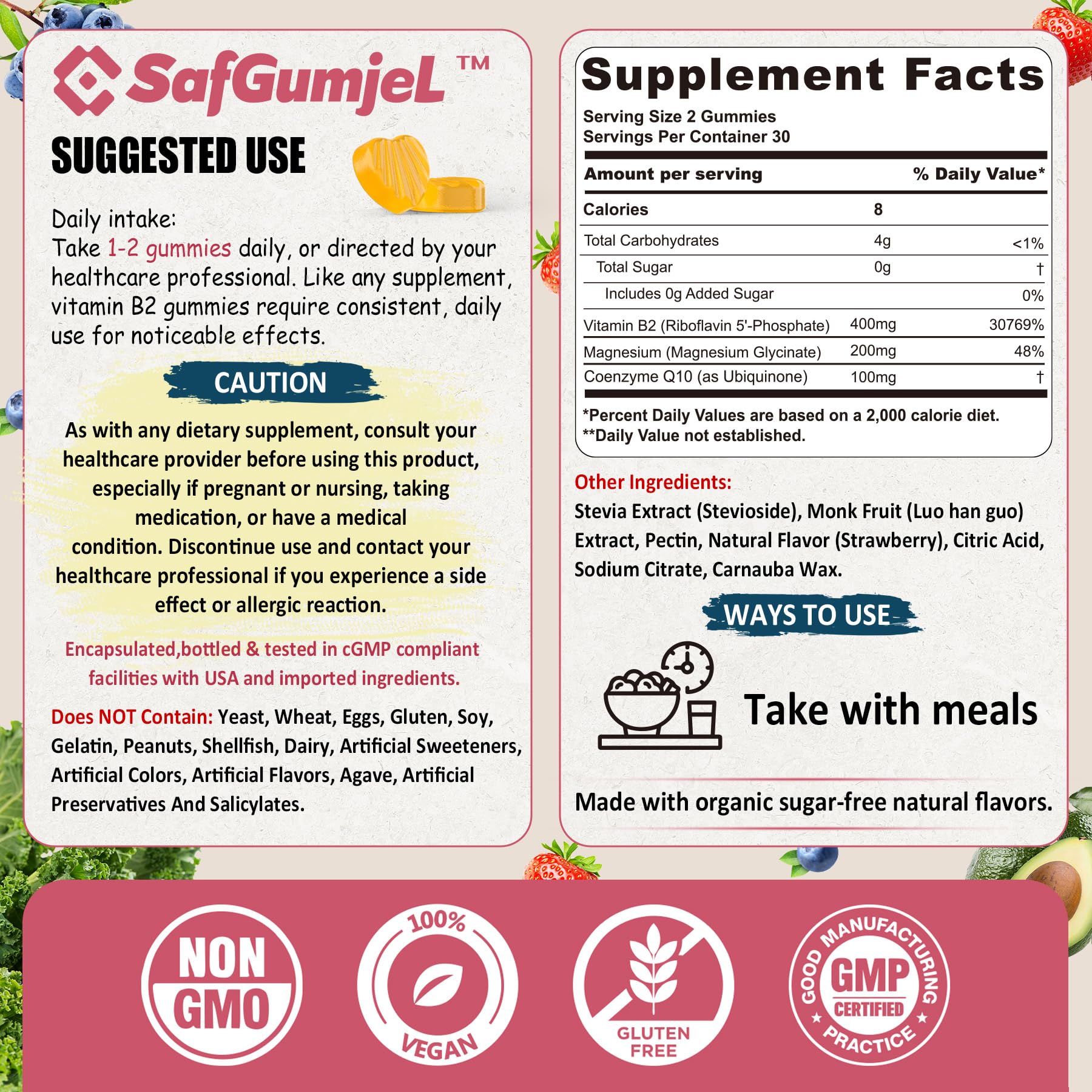 Close-up of Safgumjel Vitamin B2 Gummies showing gummies