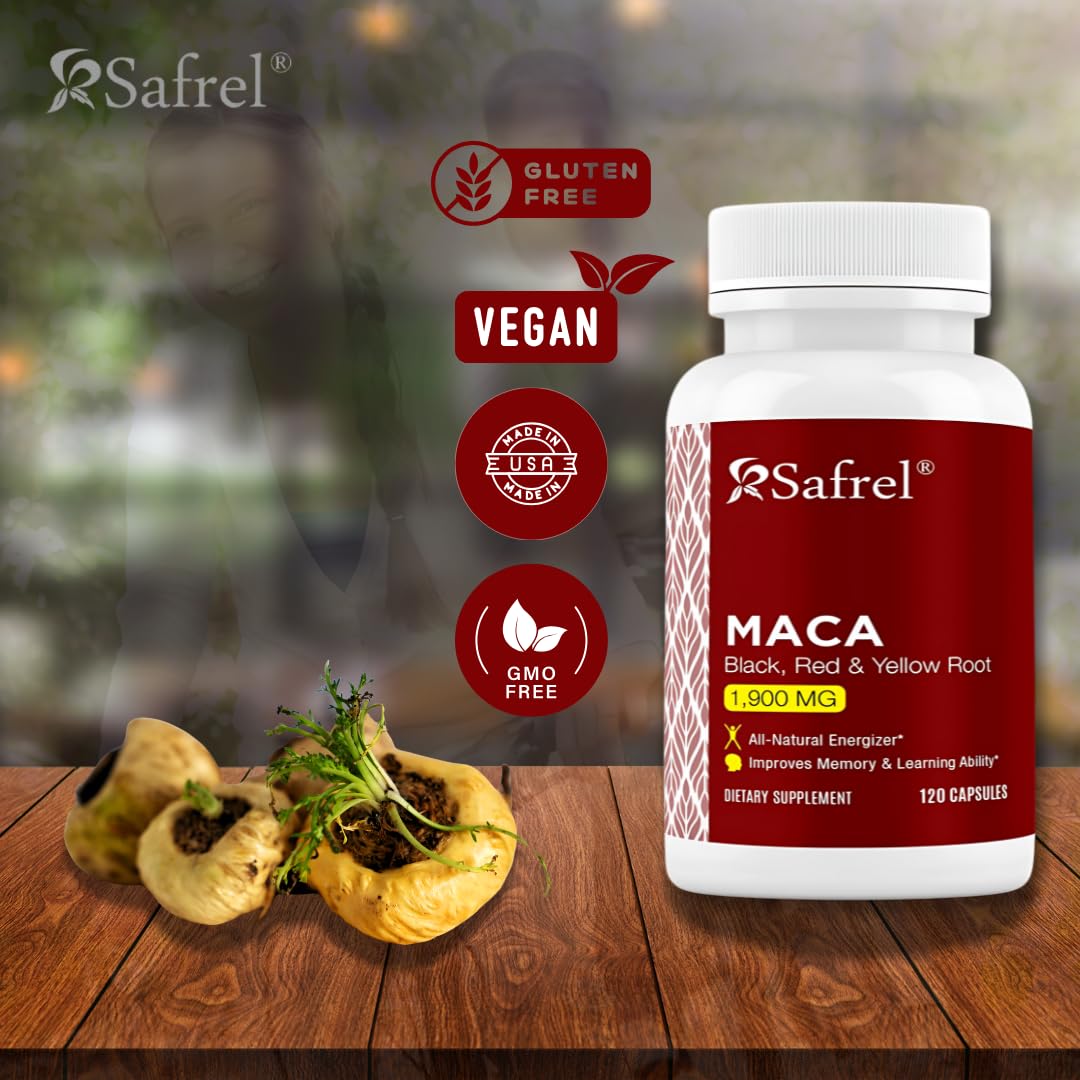 Close-up of Safrel Maca Root Capsules showing the bottle