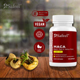Close-up of Safrel Maca Root Capsules showing the bottle