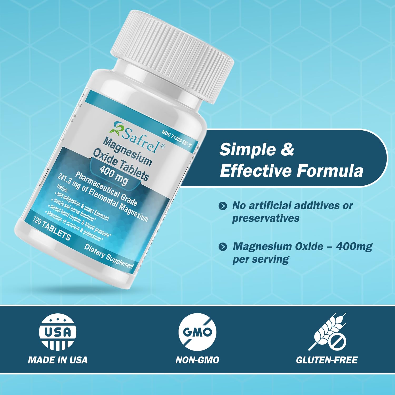 Close-up of Safrel Magnesium Tablets 400mg showing tablet size