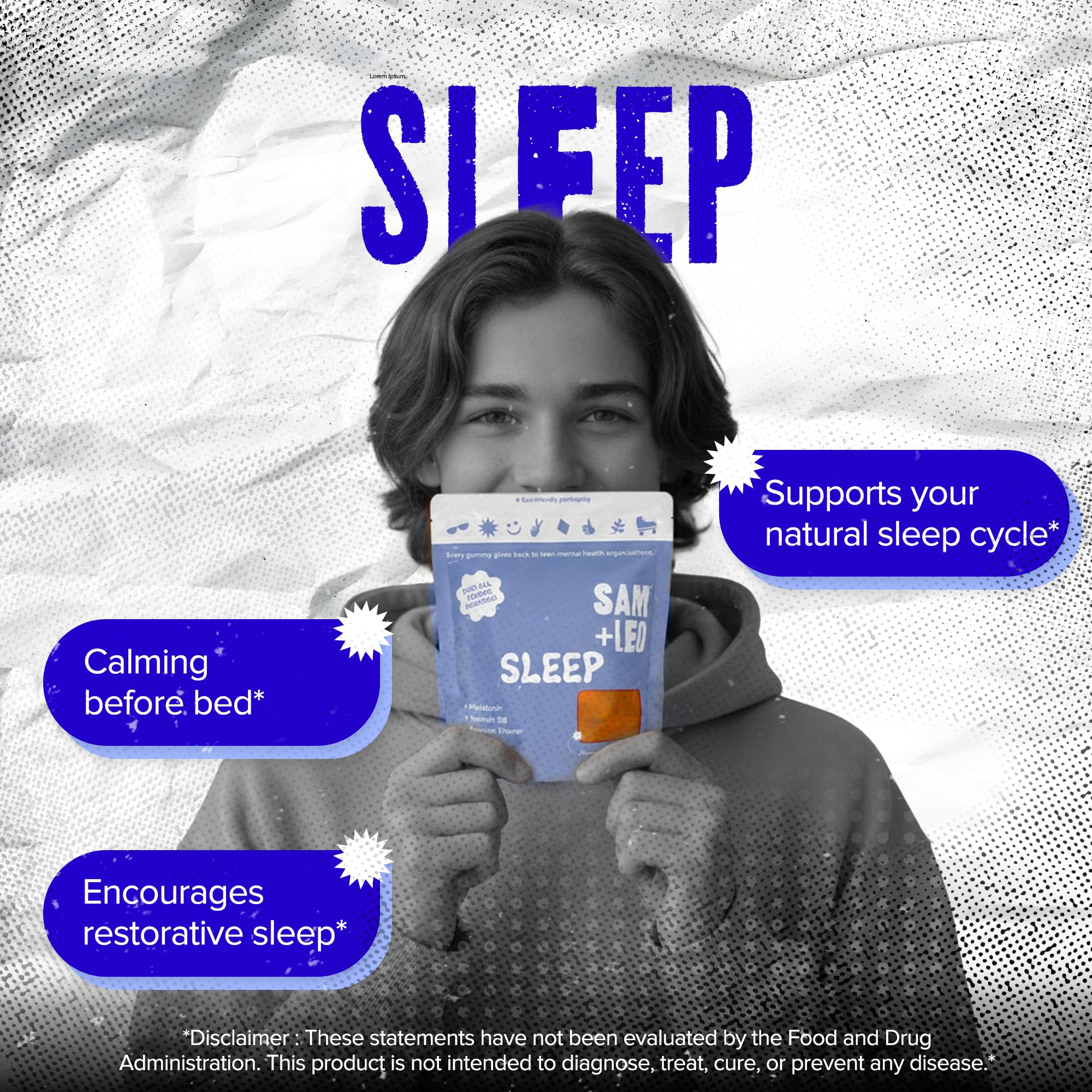 Close-up of SAM+LEO Sleep Gummies showing passion fruit flavour