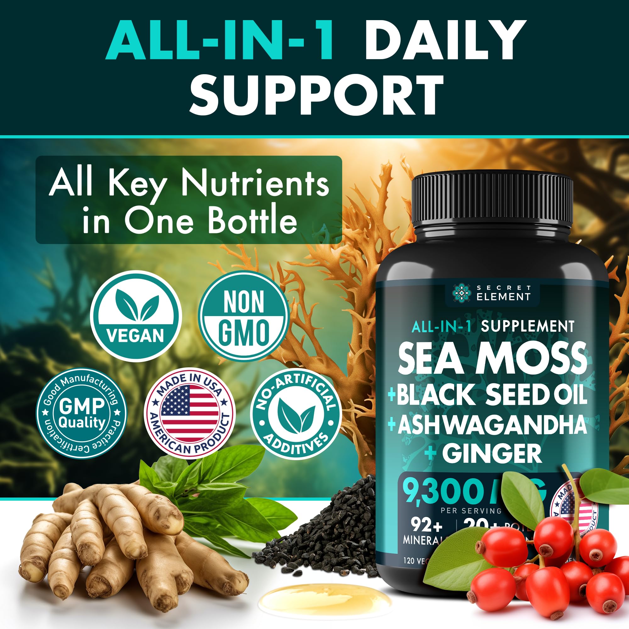 Close-up of Secret Element Black Seed Oil & Sea Moss Supplement capsules