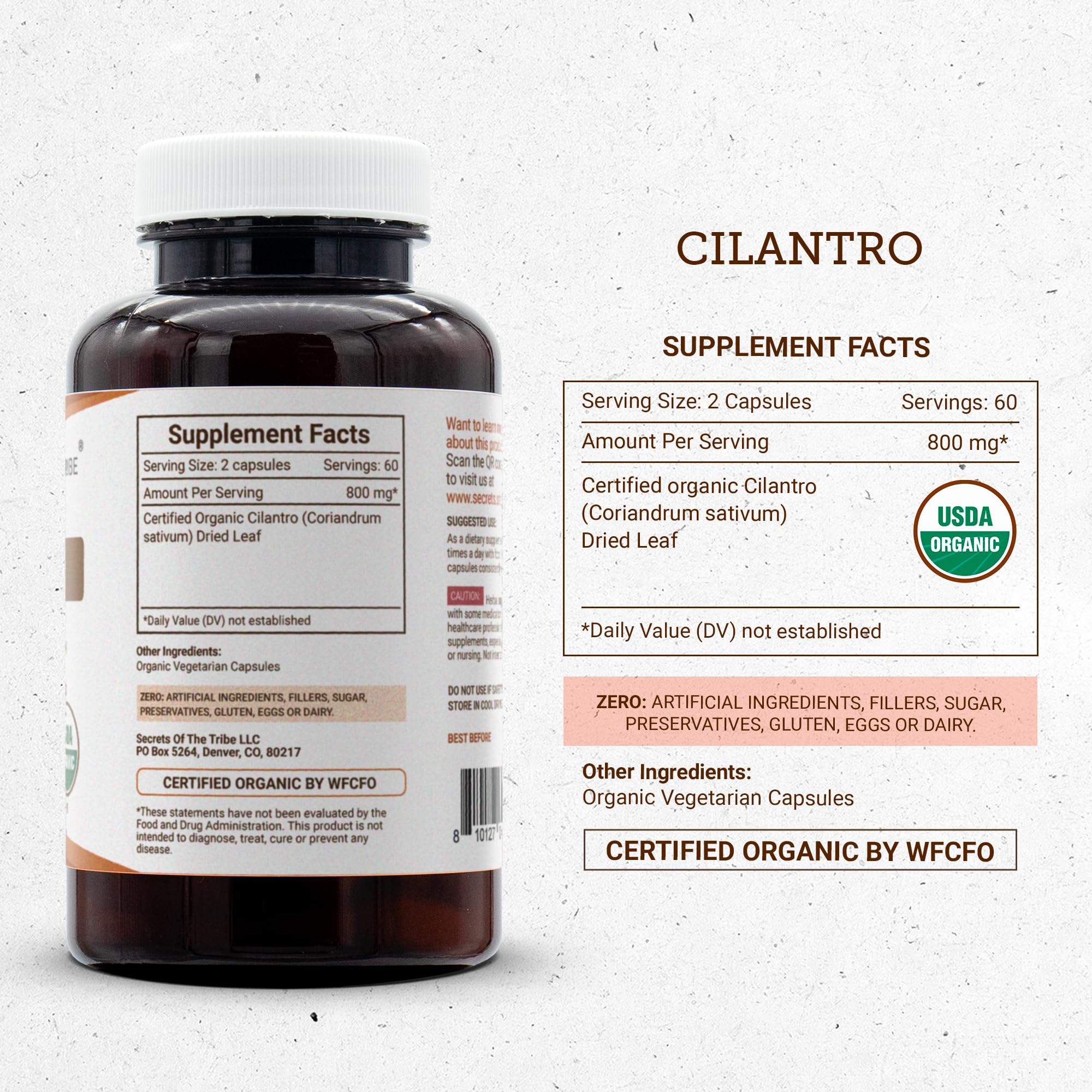 Close-up of Secrets of the Tribe Cilantro Dried Leaf Organic Capsules